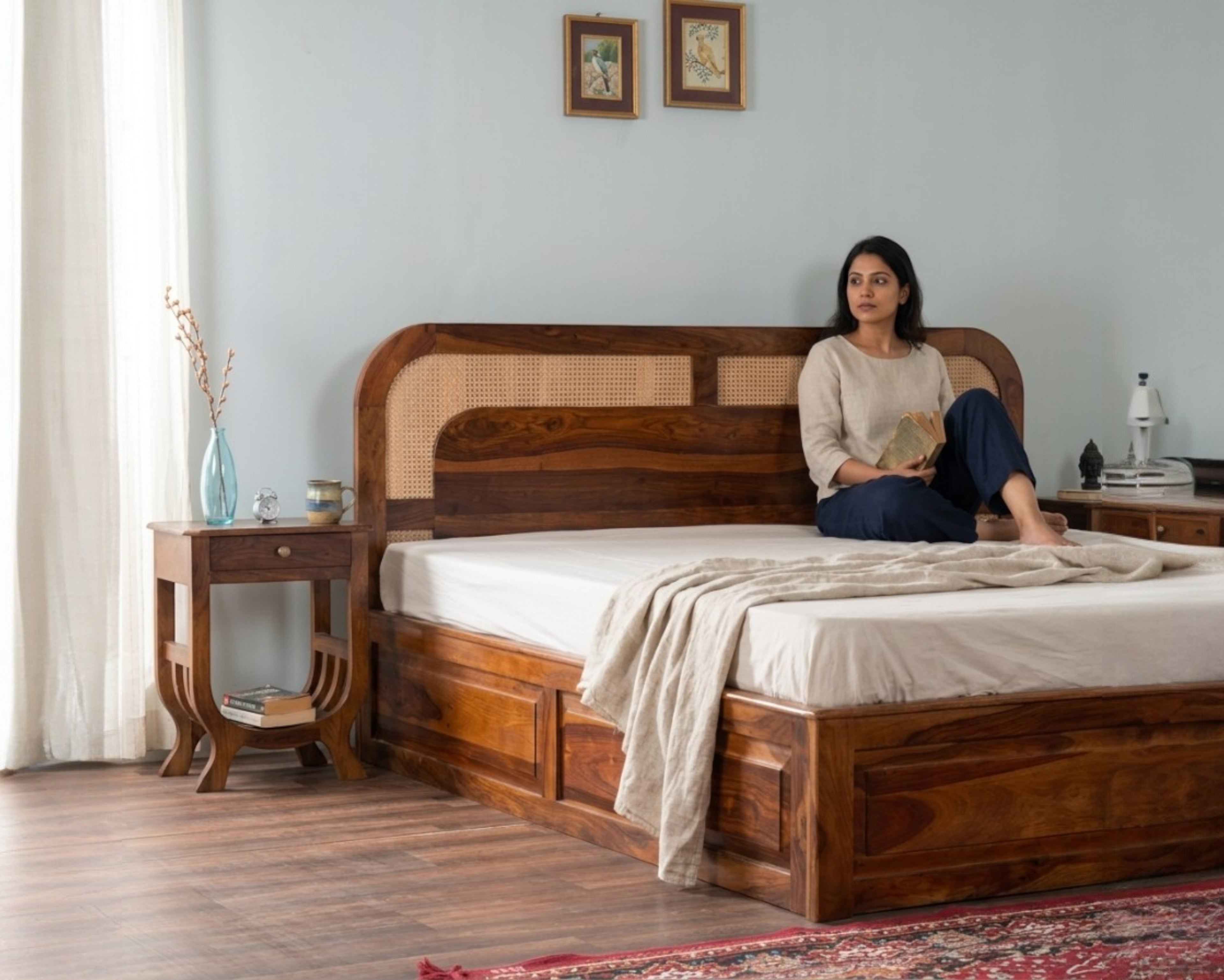 Solid Wood Platform Bed With Cane Headboard