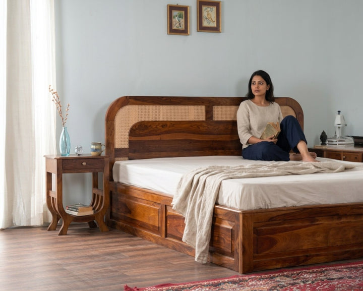 Solid Wood Platform Bed With Cane Headboard
