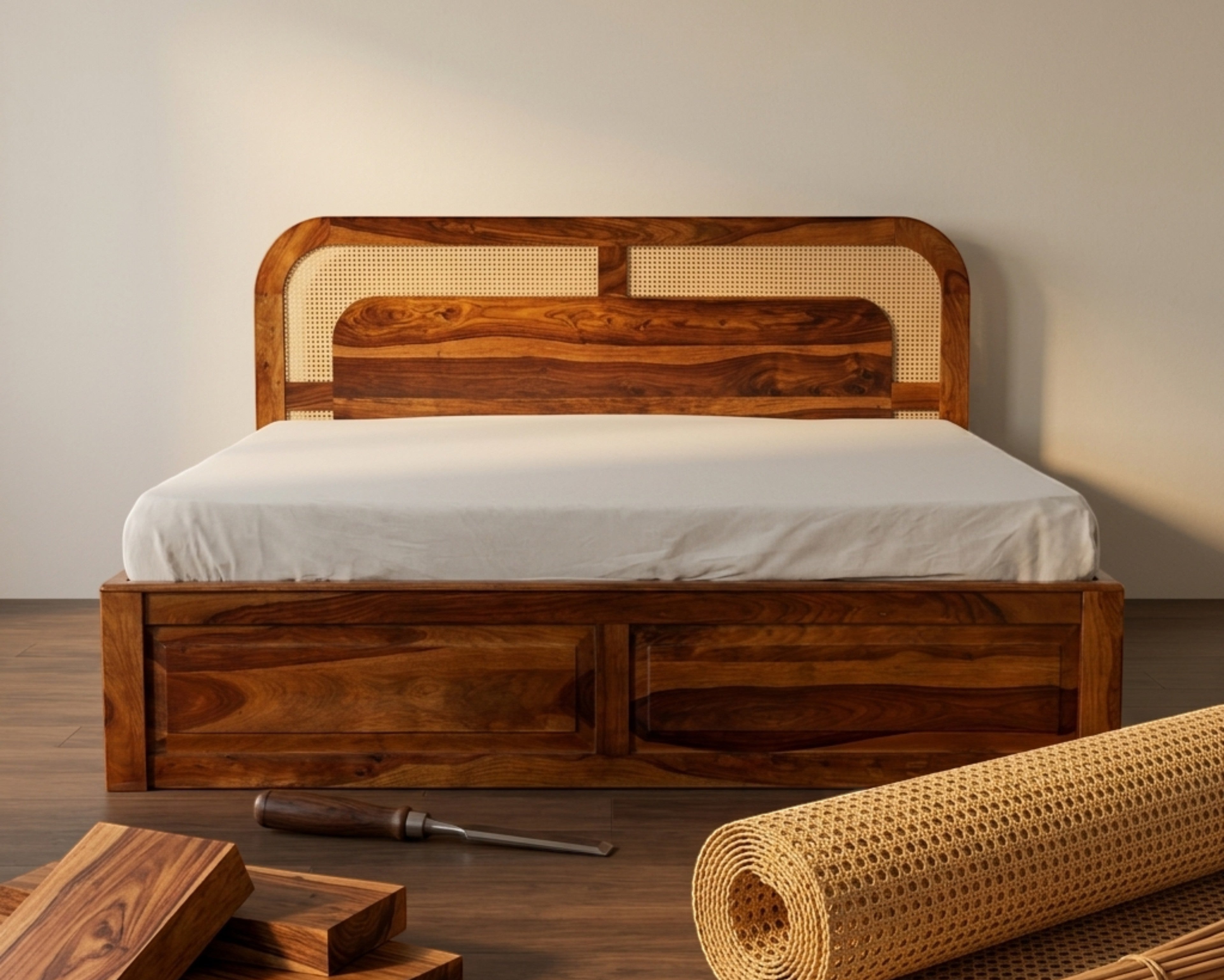 Solid Wood Platform Bed With Cane Headboard