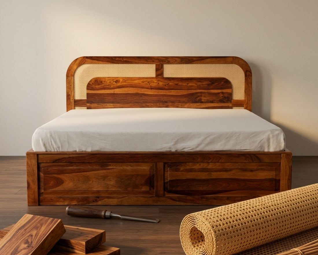 Solid Wood Platform Bed With Cane Headboard