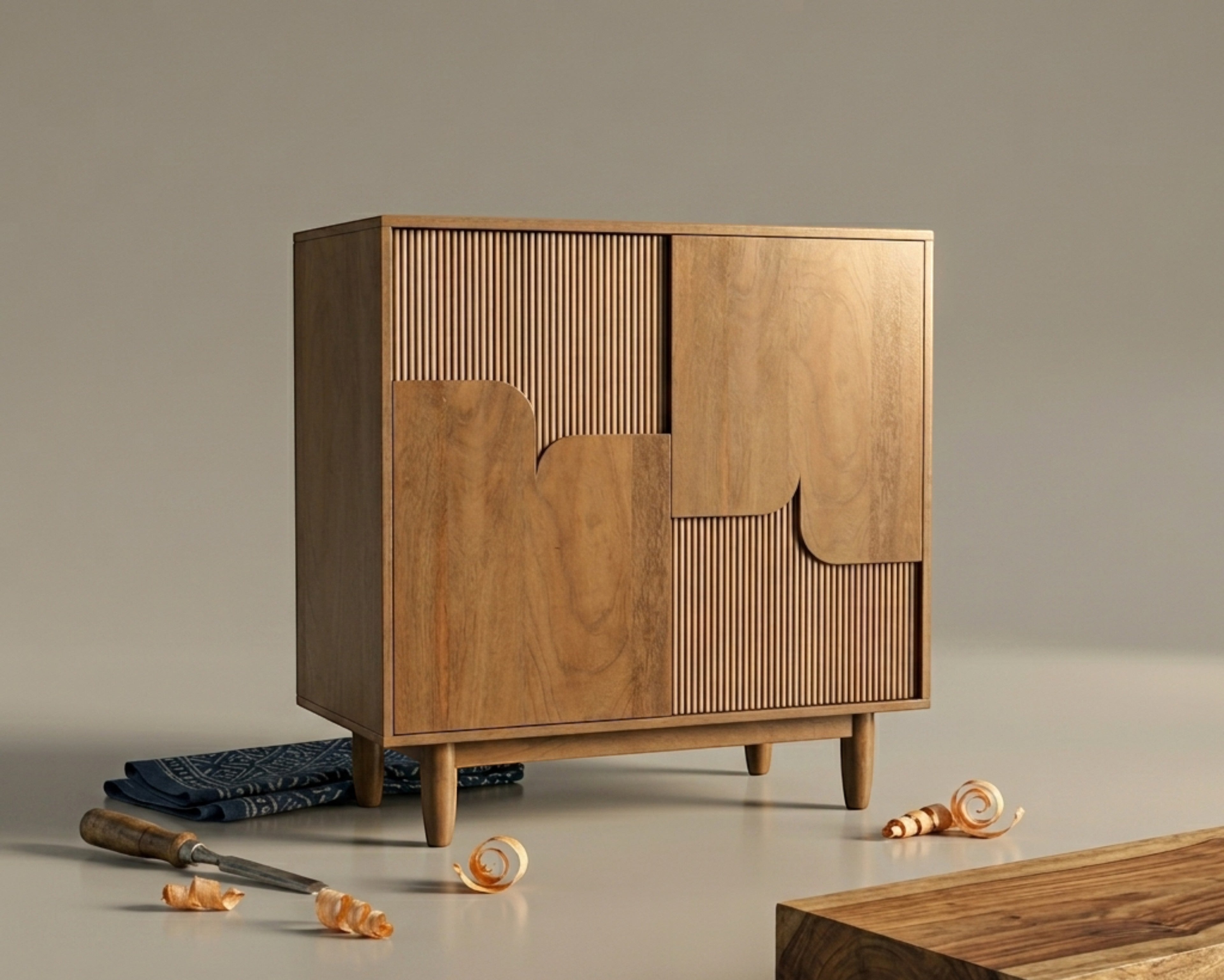 Nakoda Homes Art Deco Ridge Cabinet with fluted wood paneling and asymmetric doors on tapered legs.
