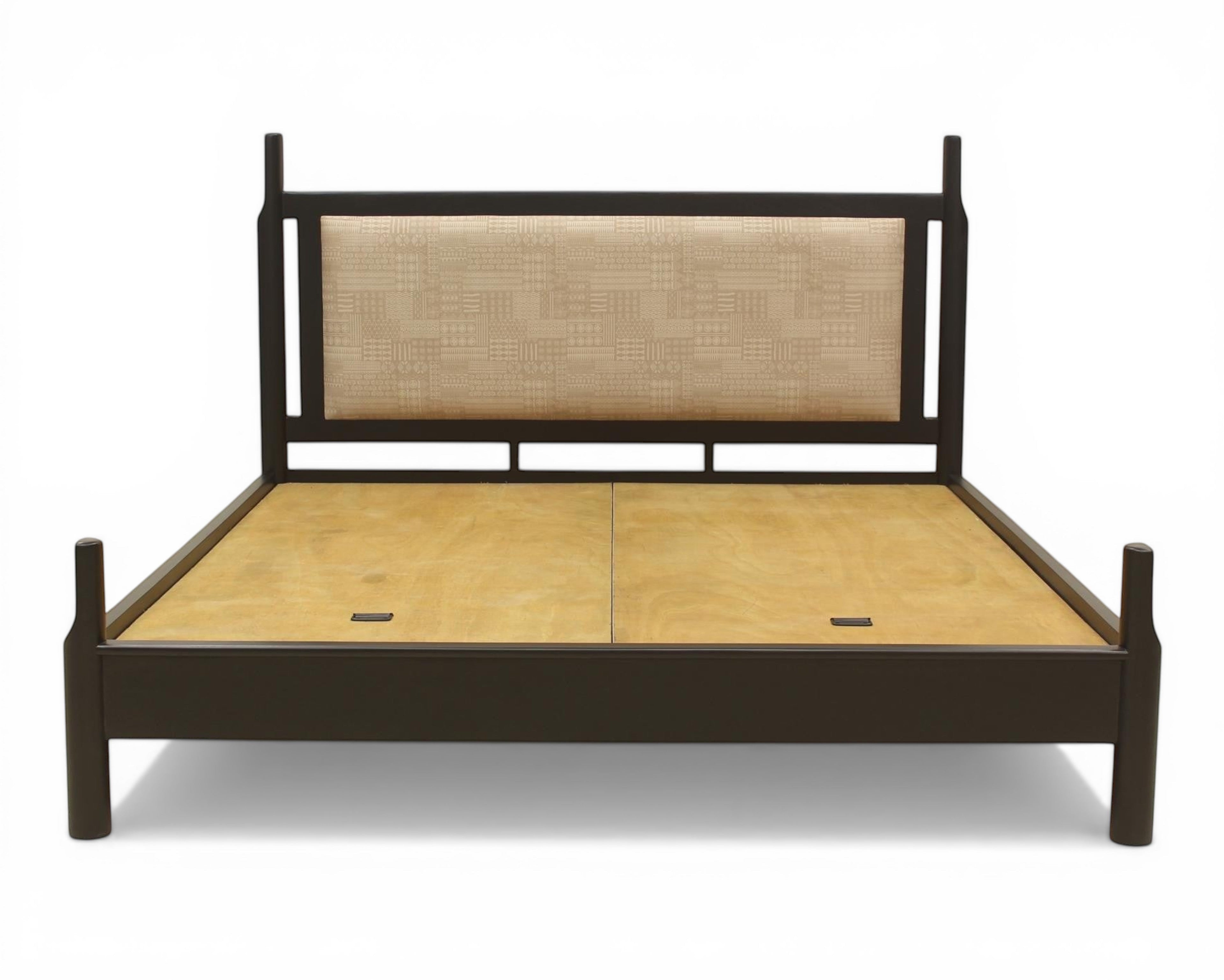 Nakoda Homes black metal platform bed frame with beige upholstered headboard featuring geometric pattern and under-bed storage.