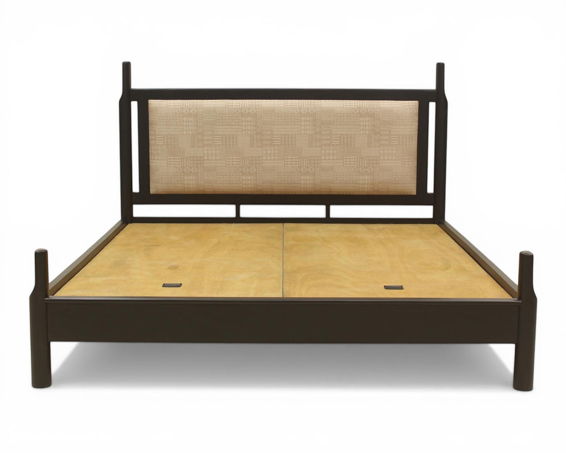 Nakoda Homes black metal platform bed frame with beige upholstered headboard featuring geometric pattern and under-bed storage.