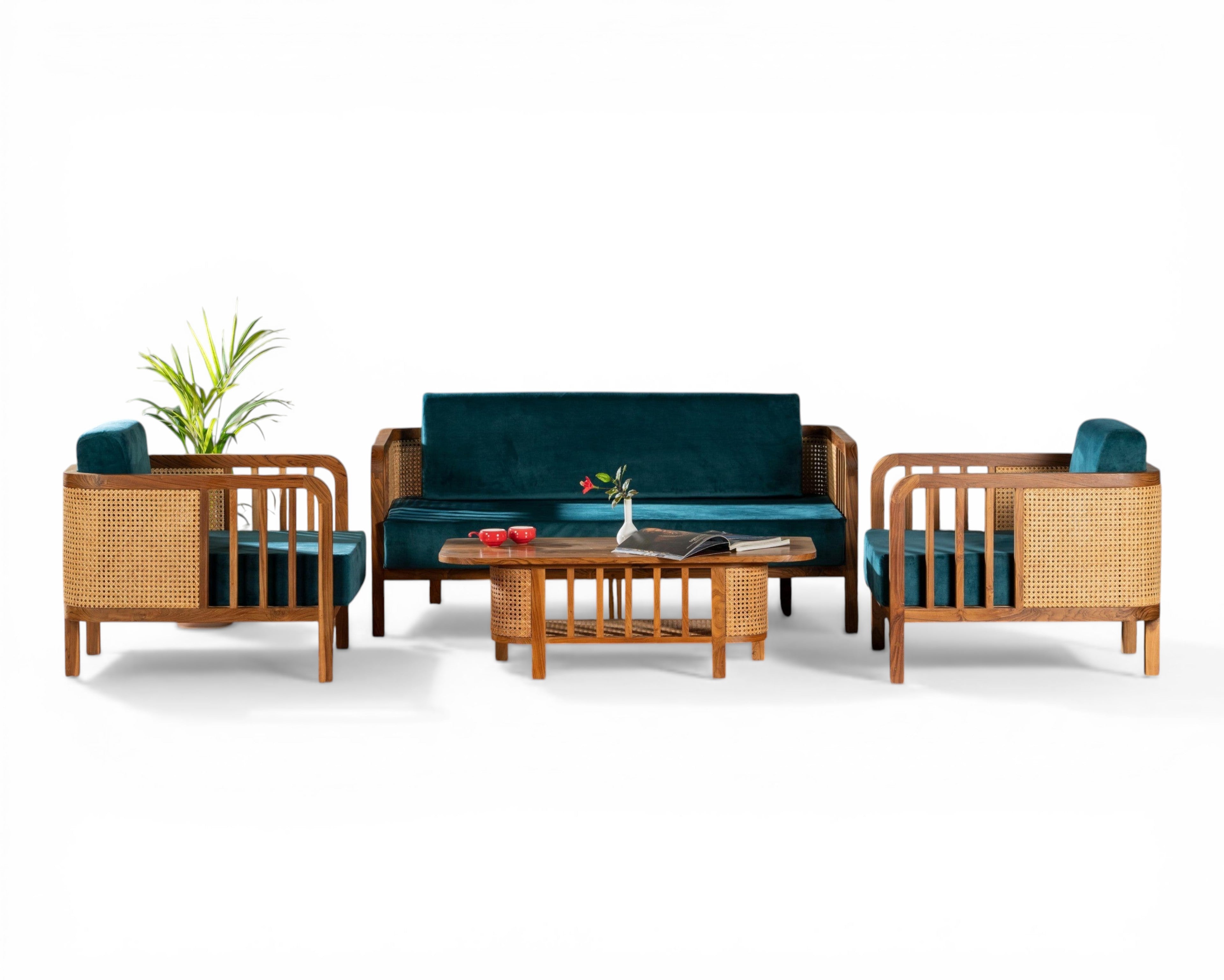 Nakoda Homes 3-seater sofa and armchair set in deep teal velvet with natural wood and cane accents.