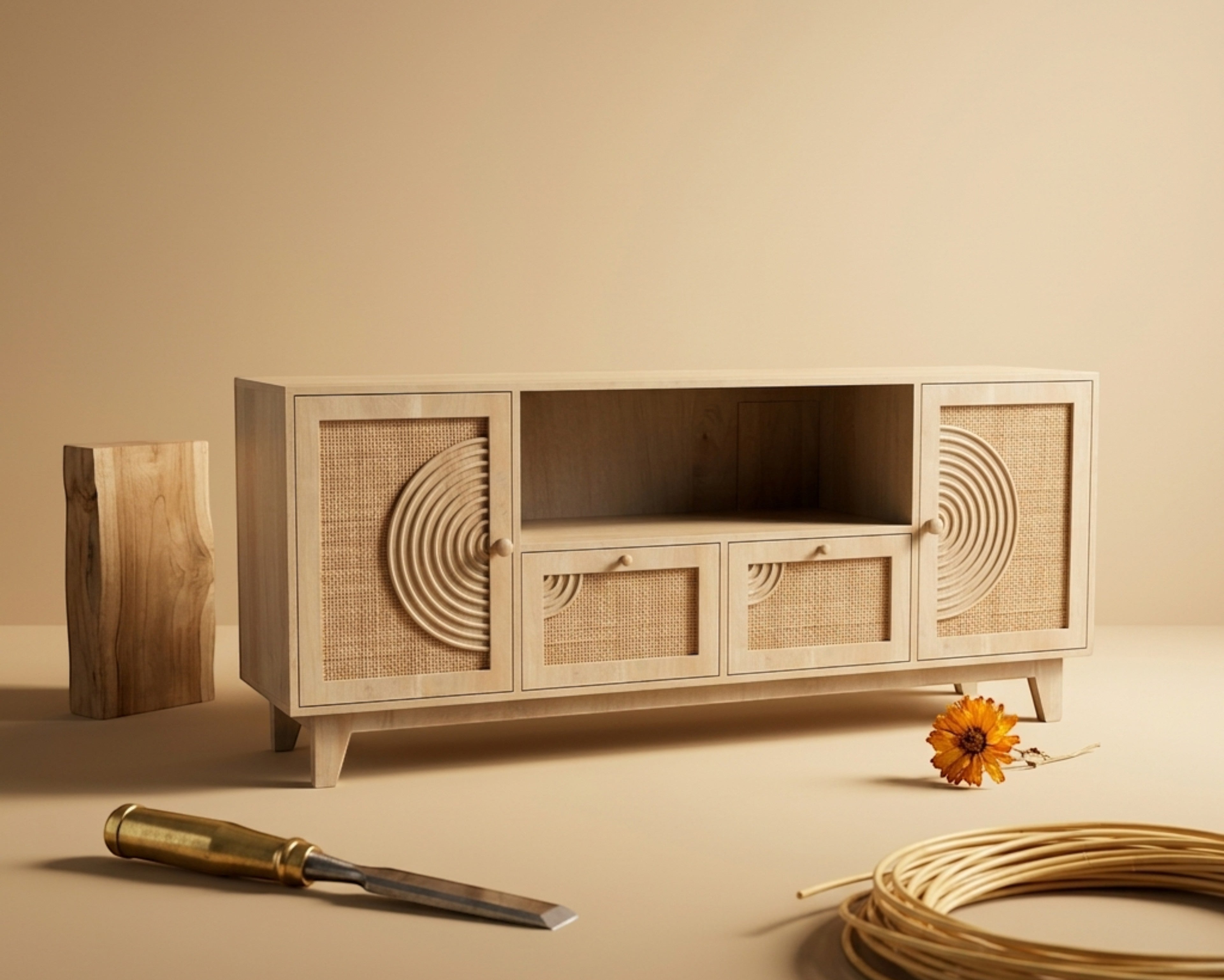 Nakoda Homes light wood TV unit with cane-patterned doors and circular accents. Offers open shelves and drawers for storage.