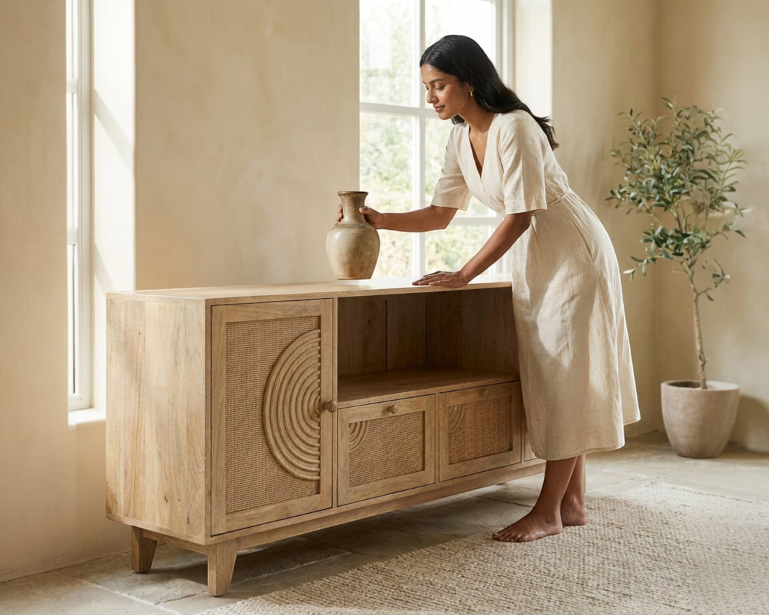 Nakoda Homes natural wood TV unit with cane-patterned doors and circular accents, offering storage and a rustic-modern style.