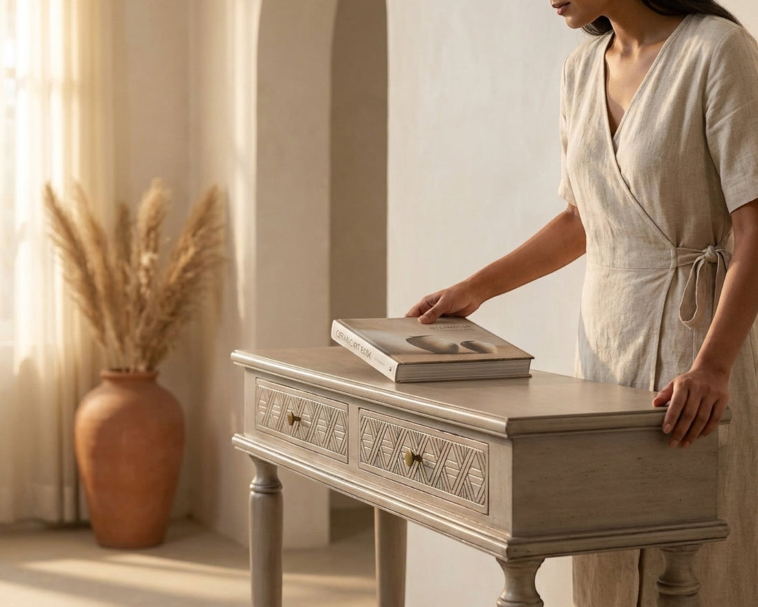 Nakoda Homes distressed grey wood console table with two carved drawers and brass knobs, turned legs.