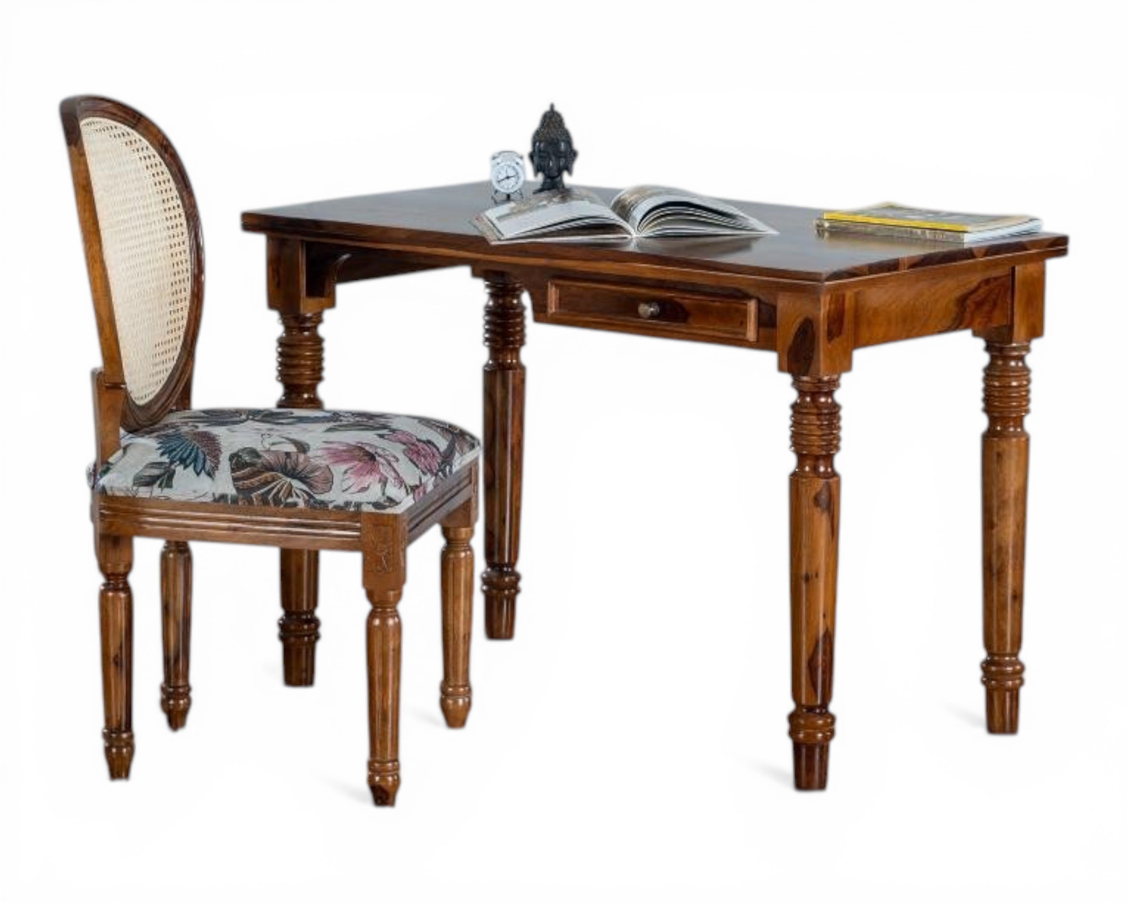 Nakoda Homes classic wooden writing desk with turned legs and one drawer. Warm wood finish, spacious tabletop.