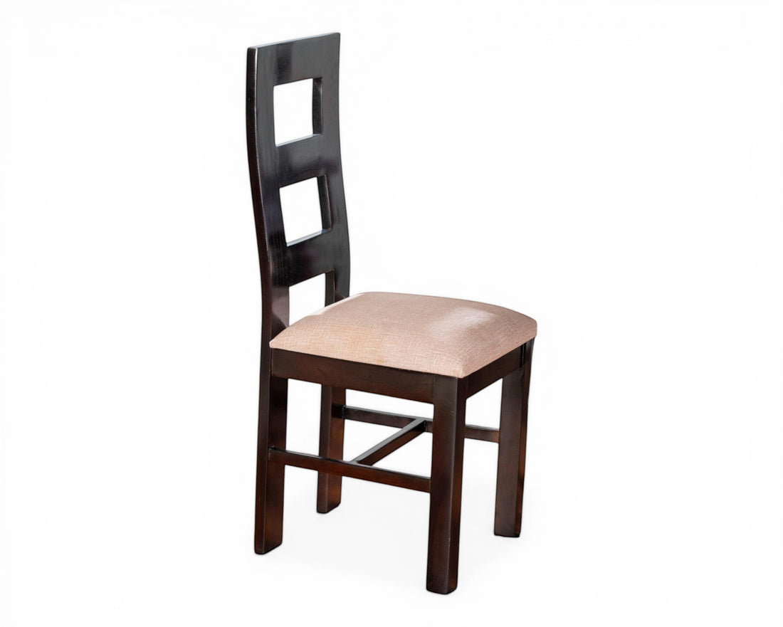 Nakoda Homes dark wood dining chair with neutral upholstered seat and open back design.