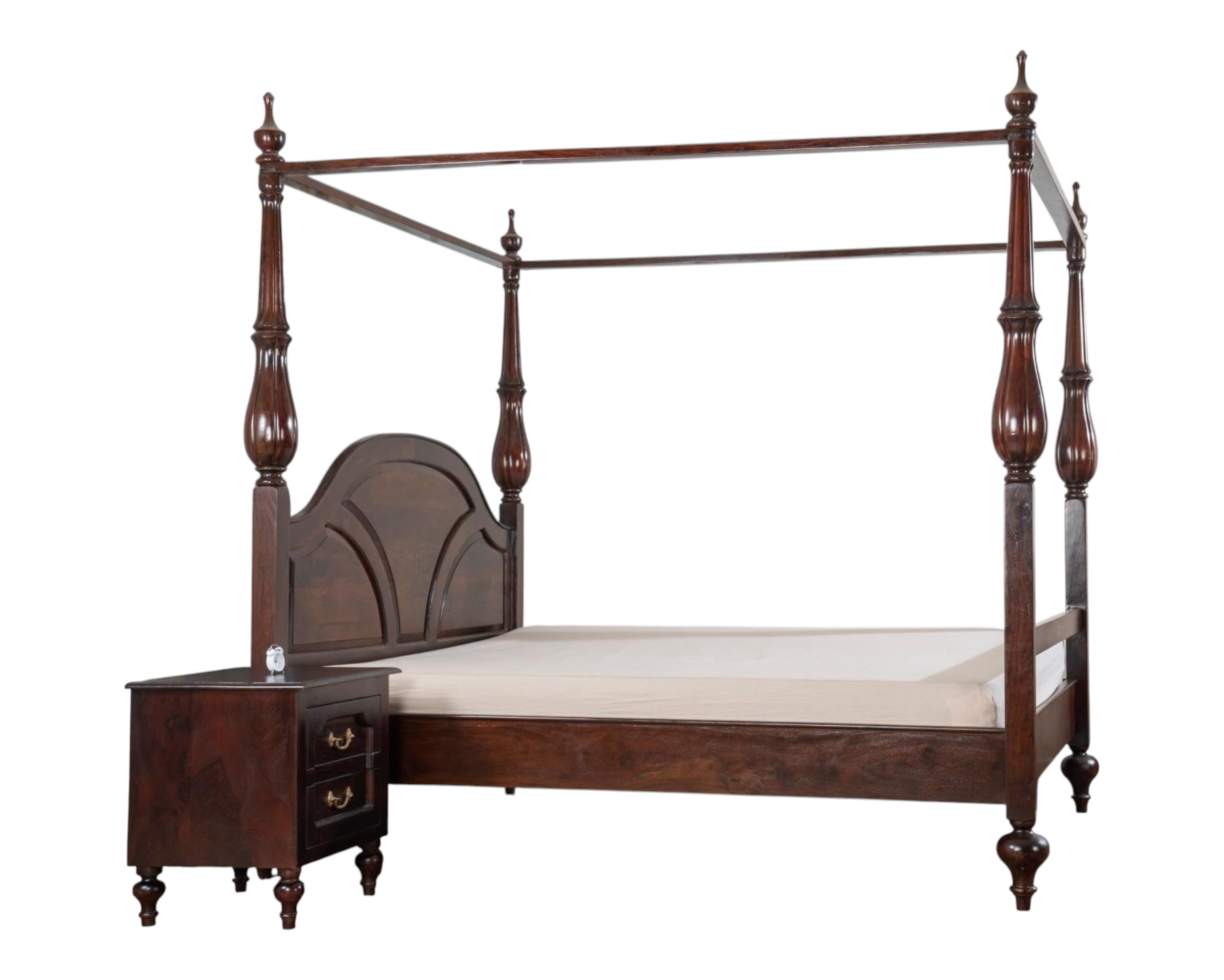 Nakoda Homes dark wood four poster bed with arched headboard and turned posts. Traditional canopy bed.