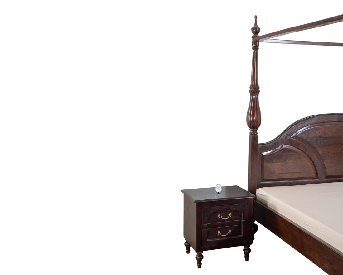 Nakoda Homes dark wood four poster bed with turned posts and arched headboard. Includes matching nightstand.