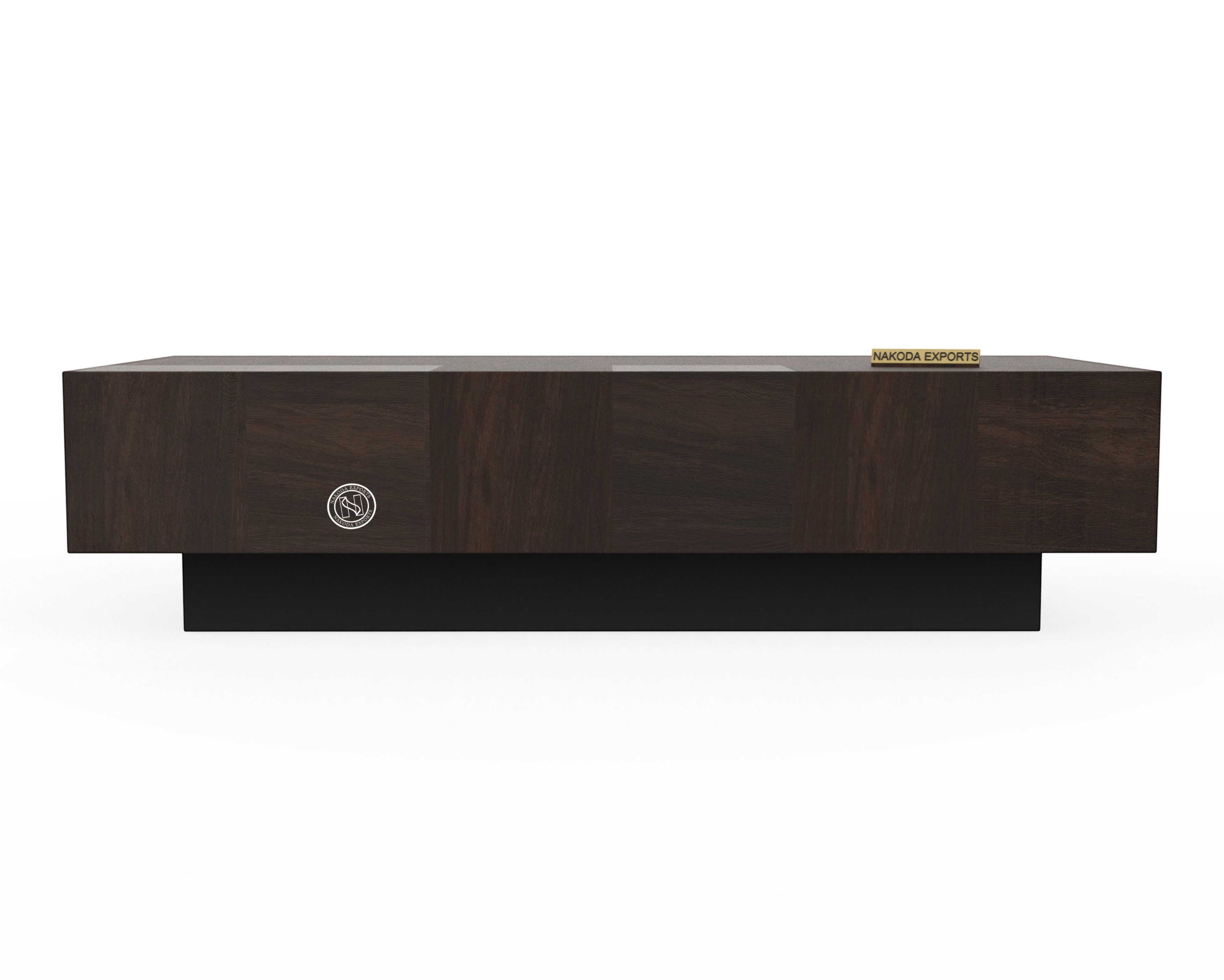 Nakoda Homes dark wood rectangular coffee table with black base and subtle wood grain pattern.