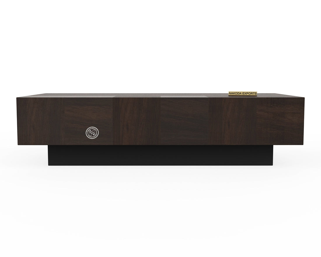 Nakoda Homes dark wood rectangular coffee table with black base and subtle wood grain pattern.