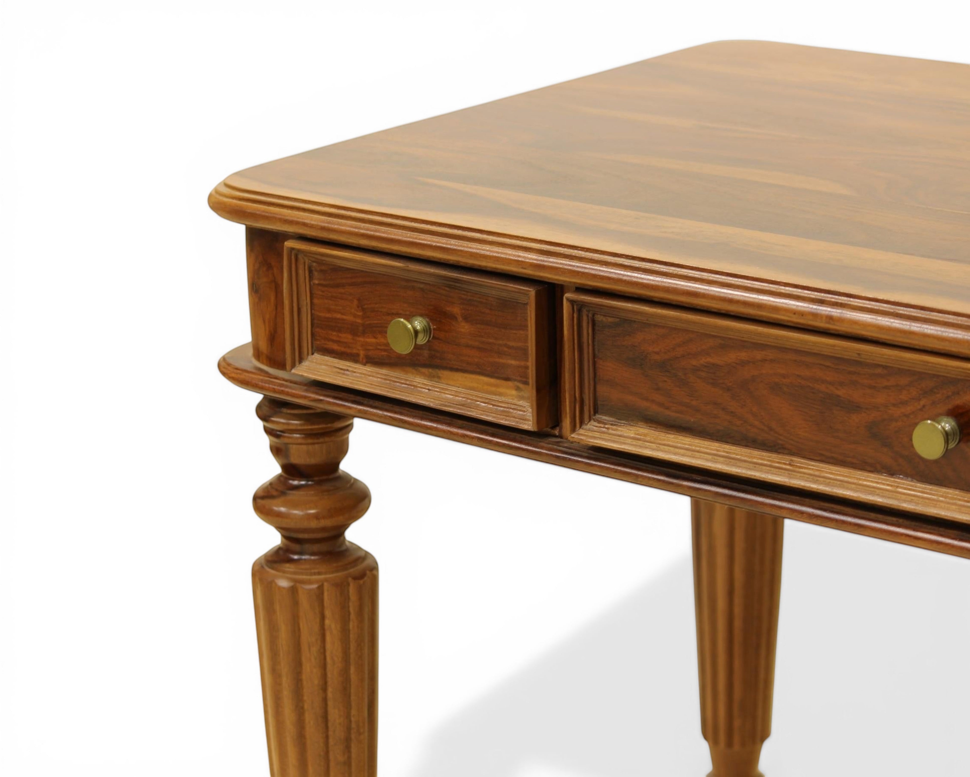 Nakoda Homes dark wood writing desk with brass knobs and fluted turned legs.