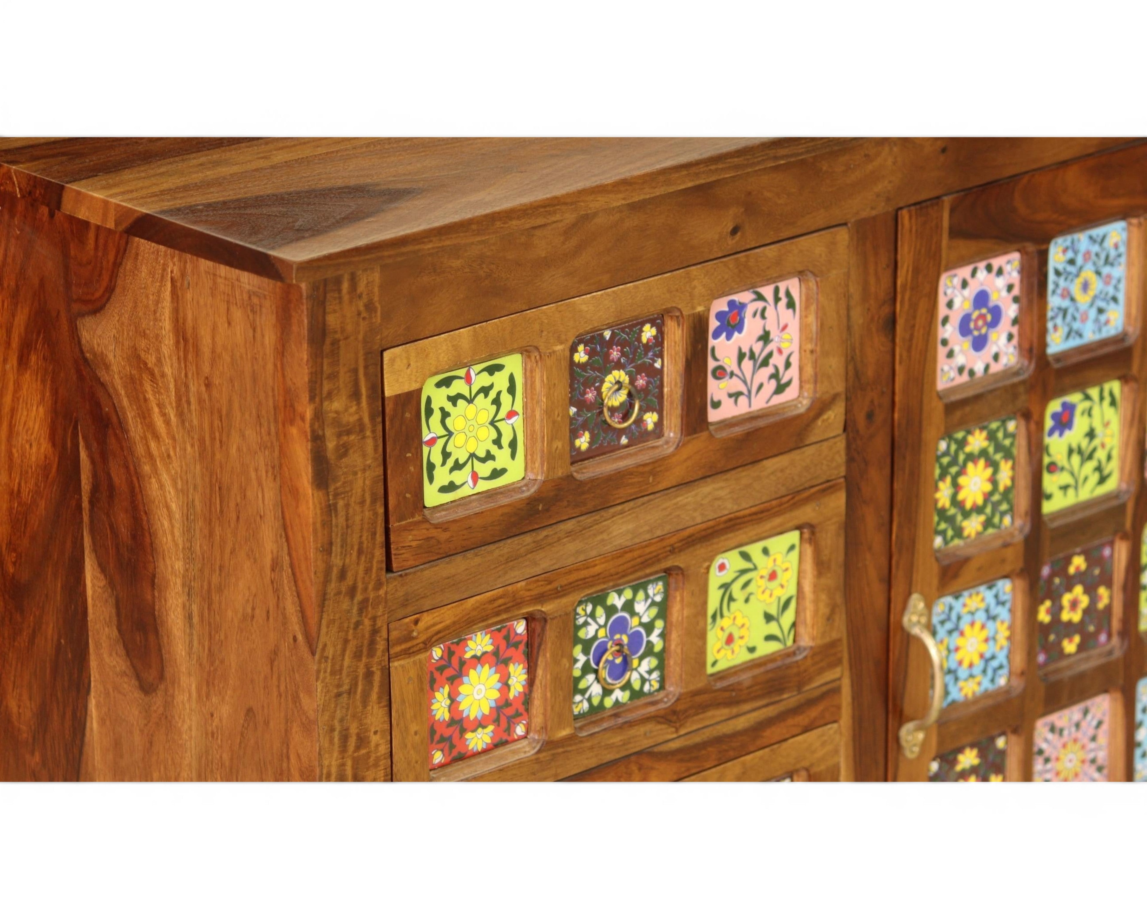 Nakoda Homes wooden cabinet with hand-painted floral tiles, drawers, and sliding door. Bohemian accent furniture.