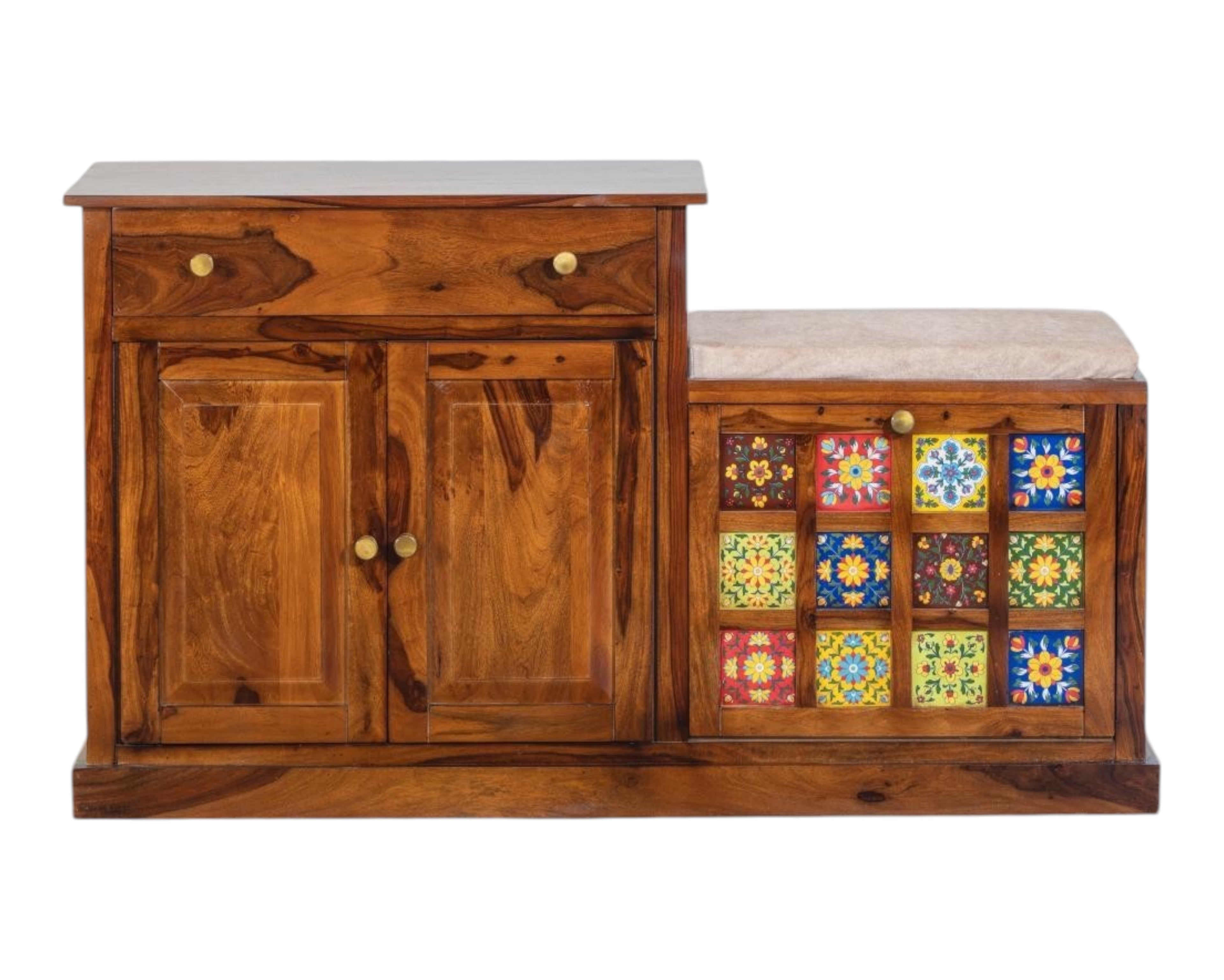 Nakoda Homes wooden shoe cabinet with upholstered bench, featuring decorative colorful ceramic tiles and ample storage.