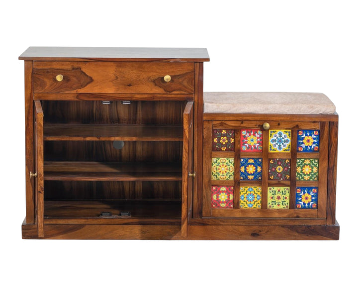 Nakoda Homes wooden shoe cabinet with upholstered bench, featuring decorative hand-painted floral tiles and ample shoe storage.
