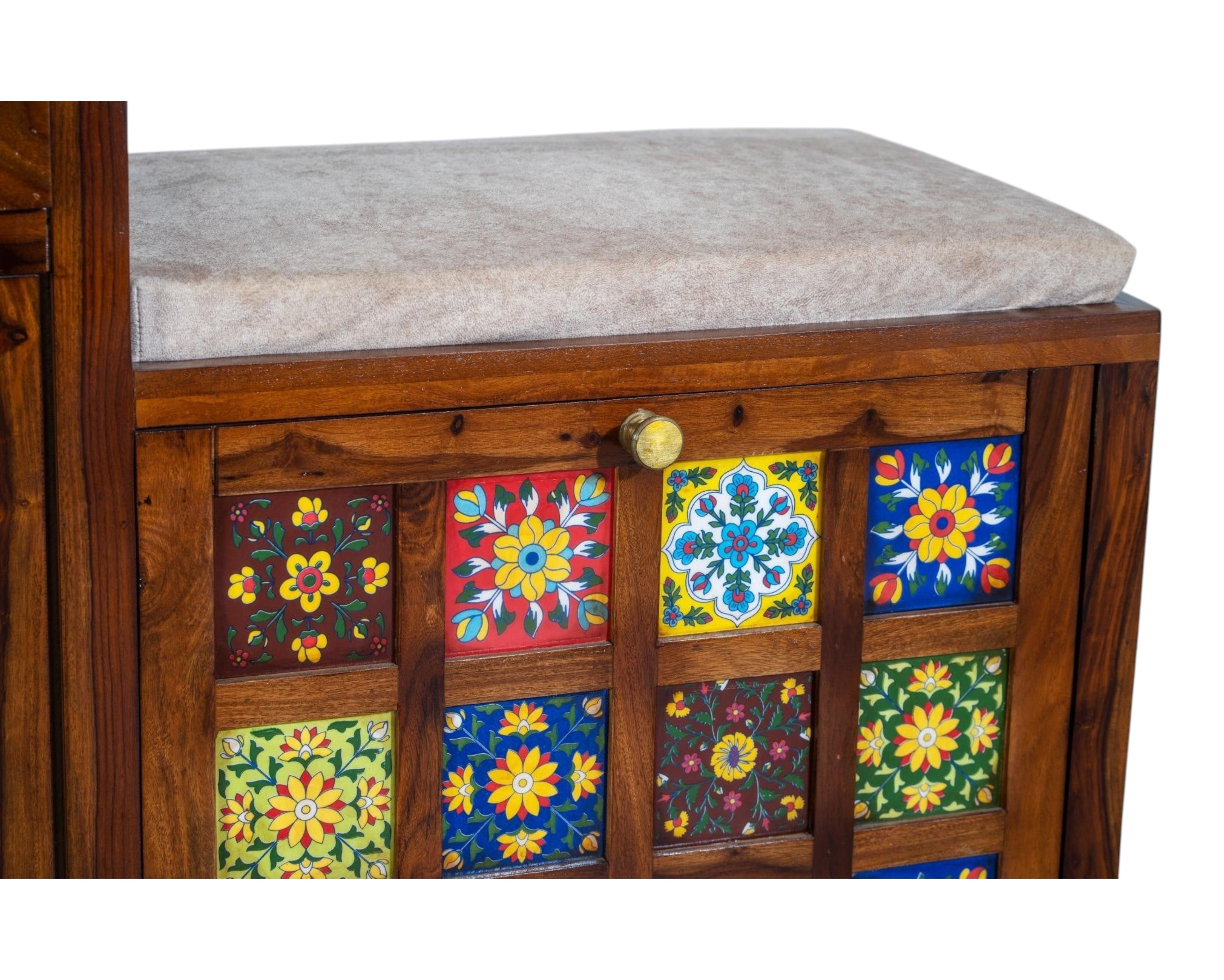 Nakoda Homes wooden shoe cabinet with upholstered bench, featuring colorful hand-painted floral ceramic tiles.