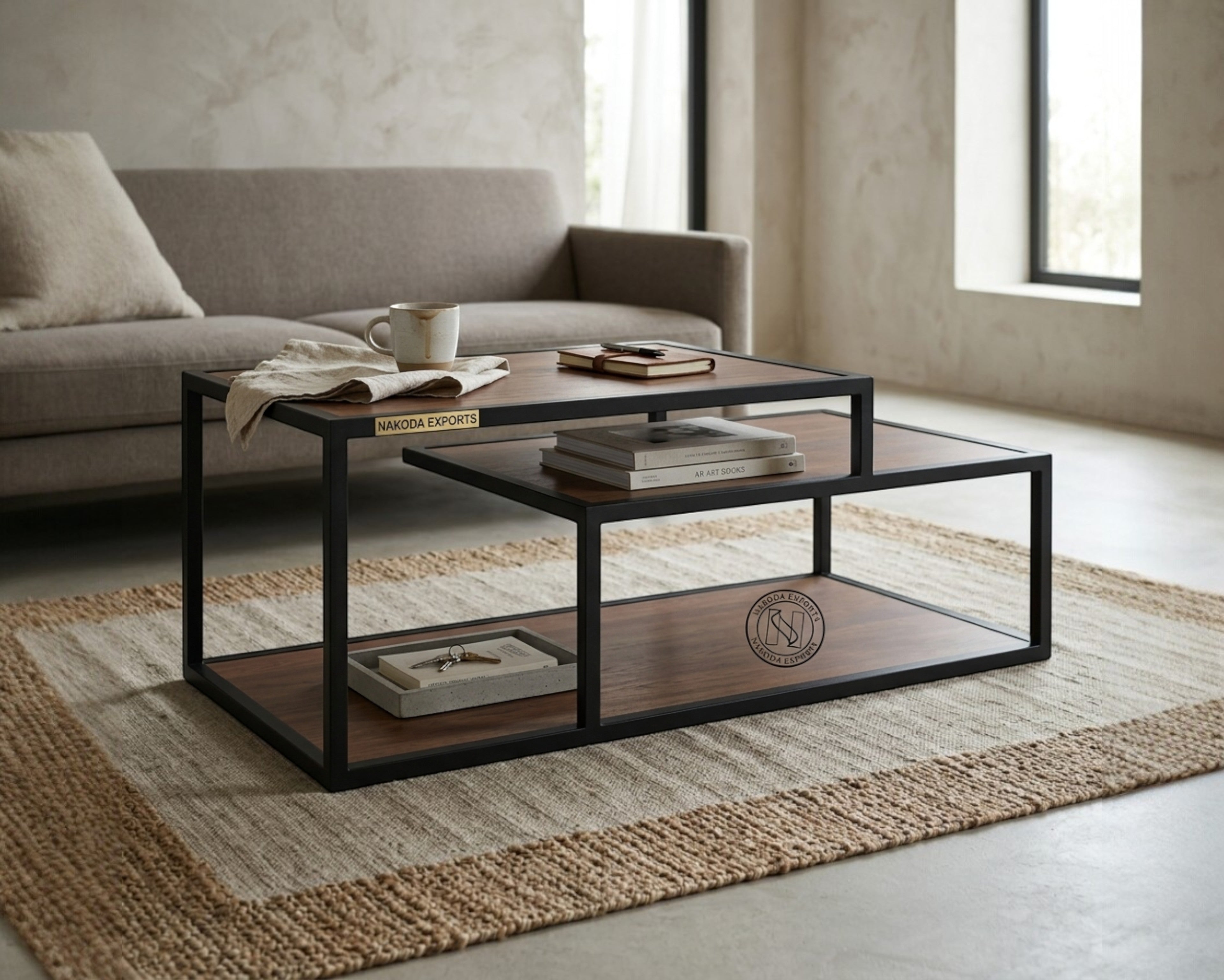 Nakoda Homes modern geometric coffee table set with dual-level wooden tops and black metal frame. Features two tiers for display and storage.