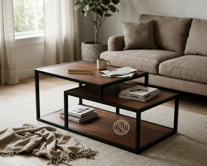 Nakoda Homes modern geometric coffee table set with dual-level walnut wood surfaces and black metal frame.
