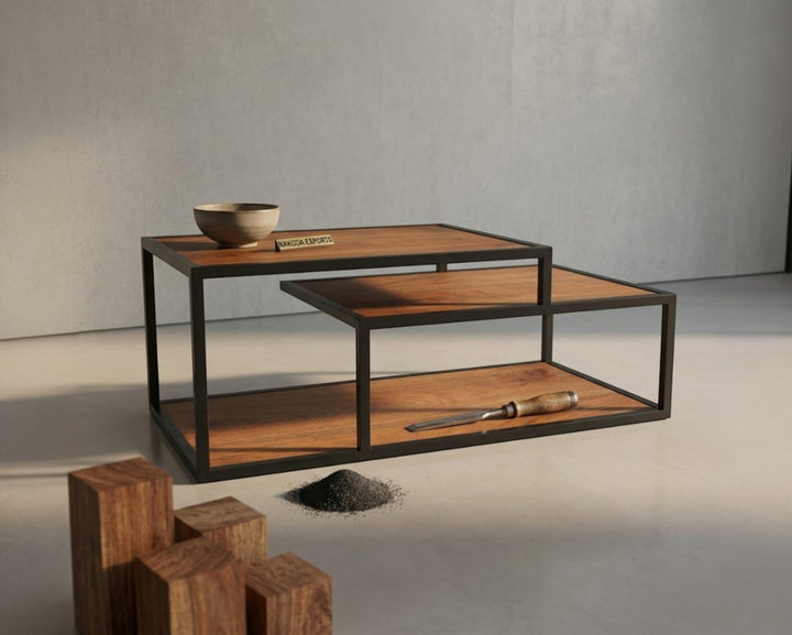 Nakoda Homes modern geometric coffee table set with dual-level wood and black metal frame.