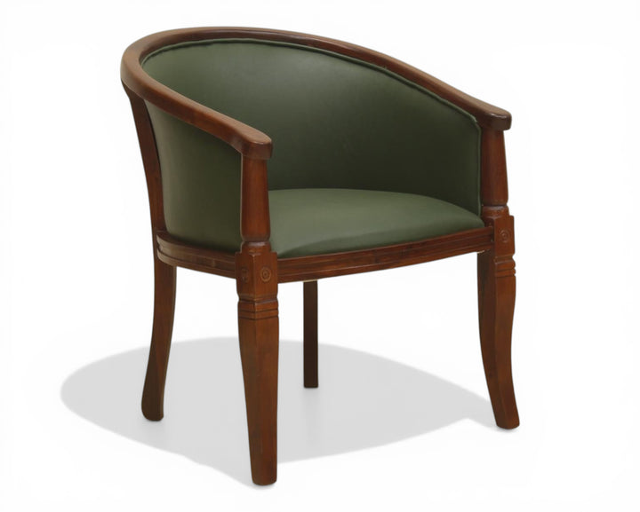 Nakoda Homes classic barrel-back accent chair in forest green faux leather with dark wood frame and turned legs.