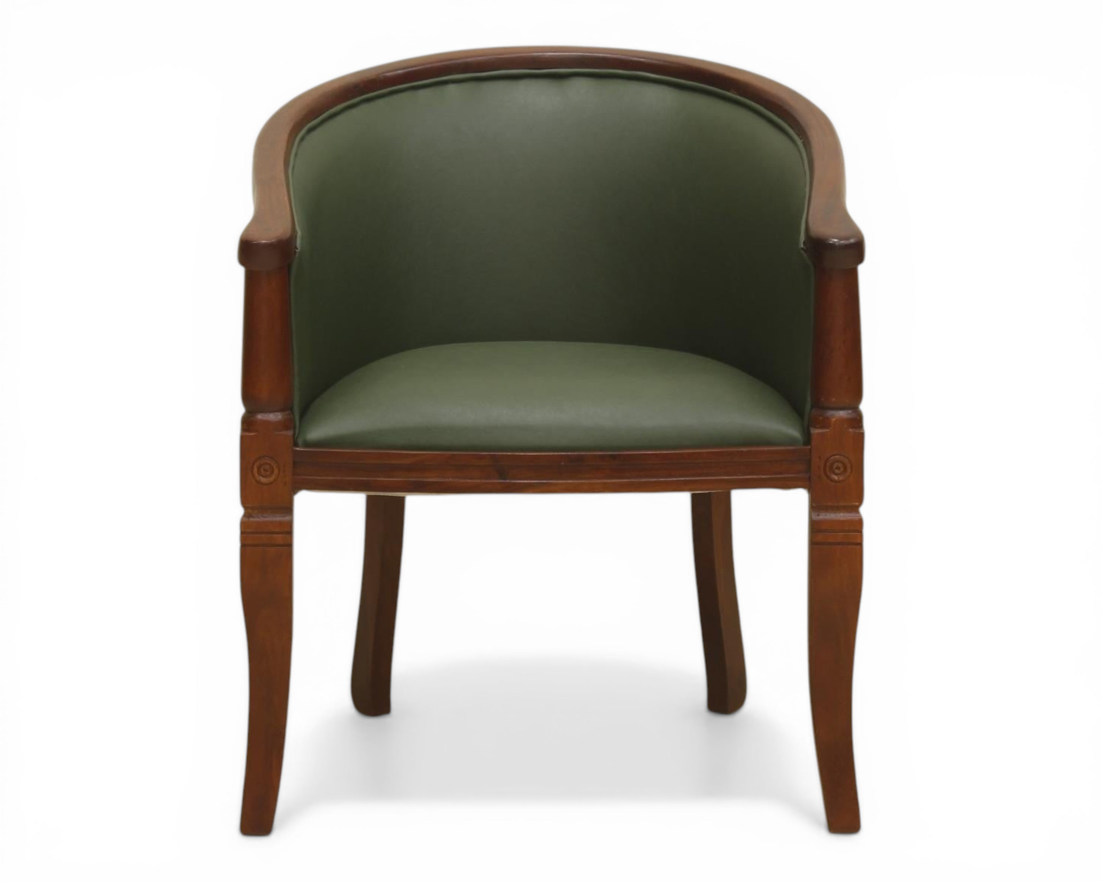 Nakoda Homes forest green faux leather barrel-back accent chair with dark wood frame and turned legs.