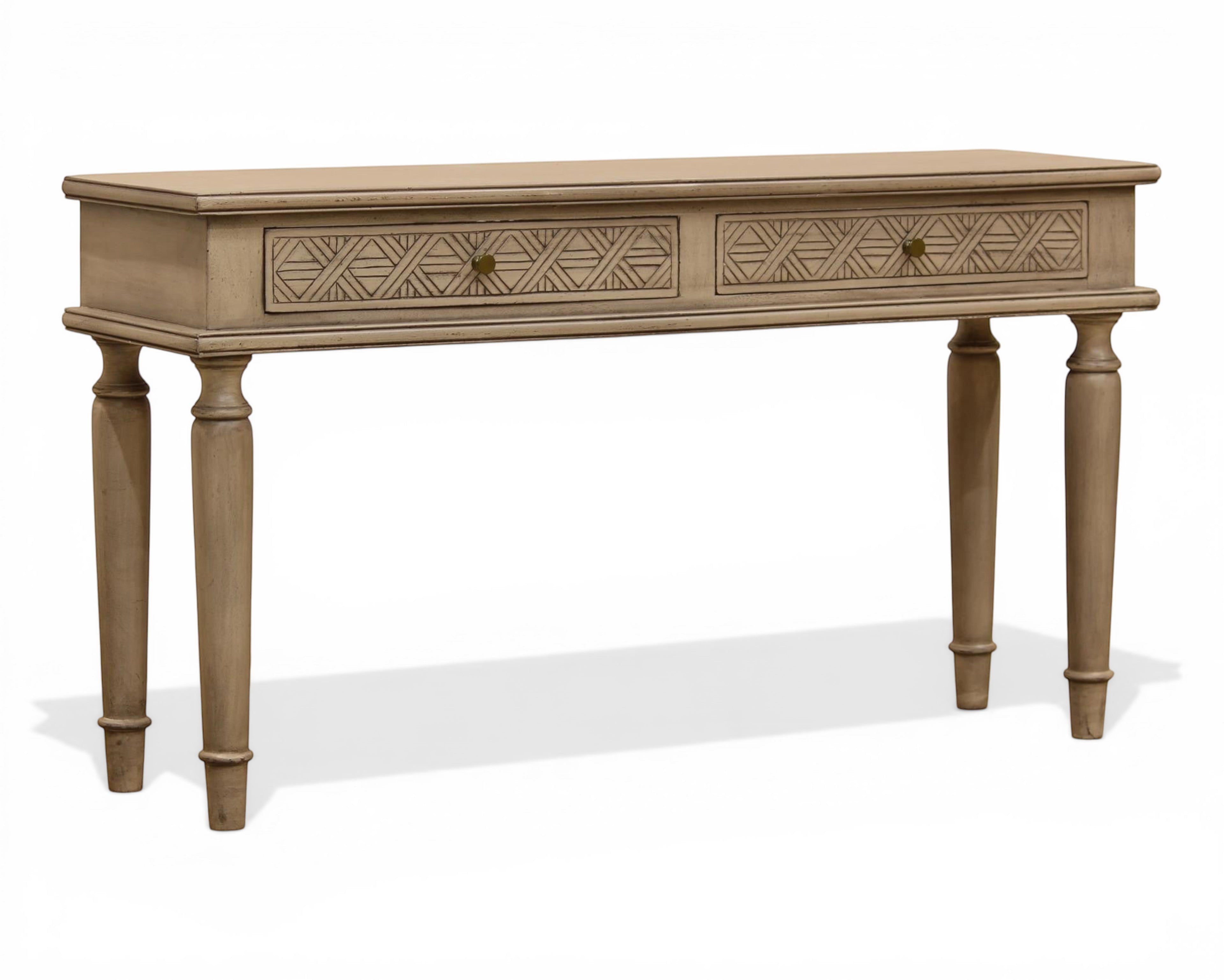 Nakoda Homes distressed grey wood console table with two carved drawers and brass knobs, turned legs.