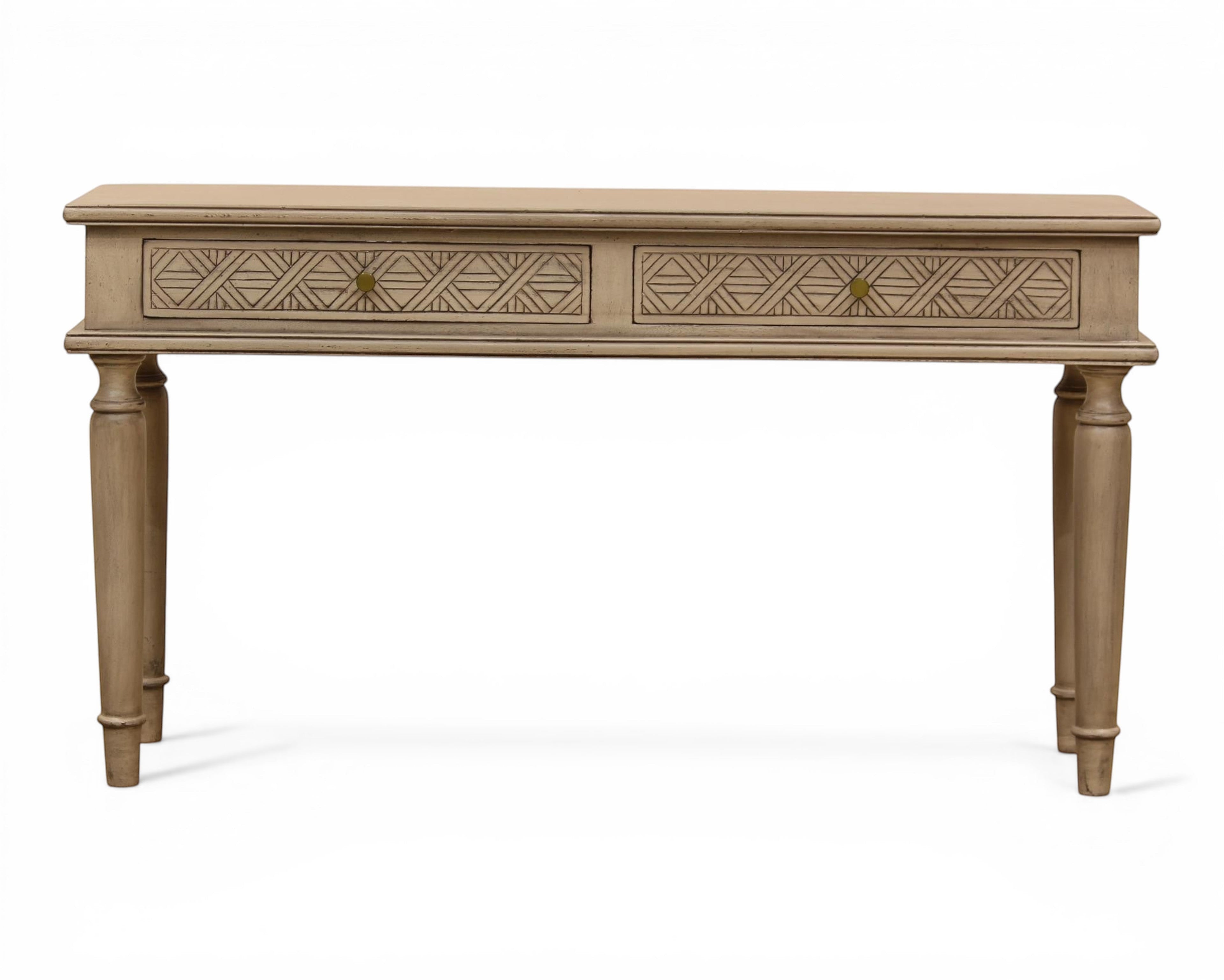 Nakoda Homes distressed grey wood console table with two carved drawers and brass knobs. Turned legs.