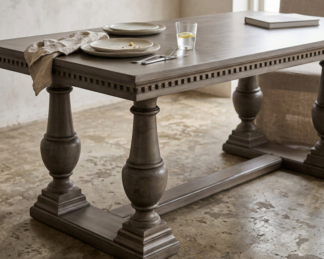 Nakoda Homes ornate grey wood dining table with carved edge and pedestal legs. Rectangular top, classic elegance.