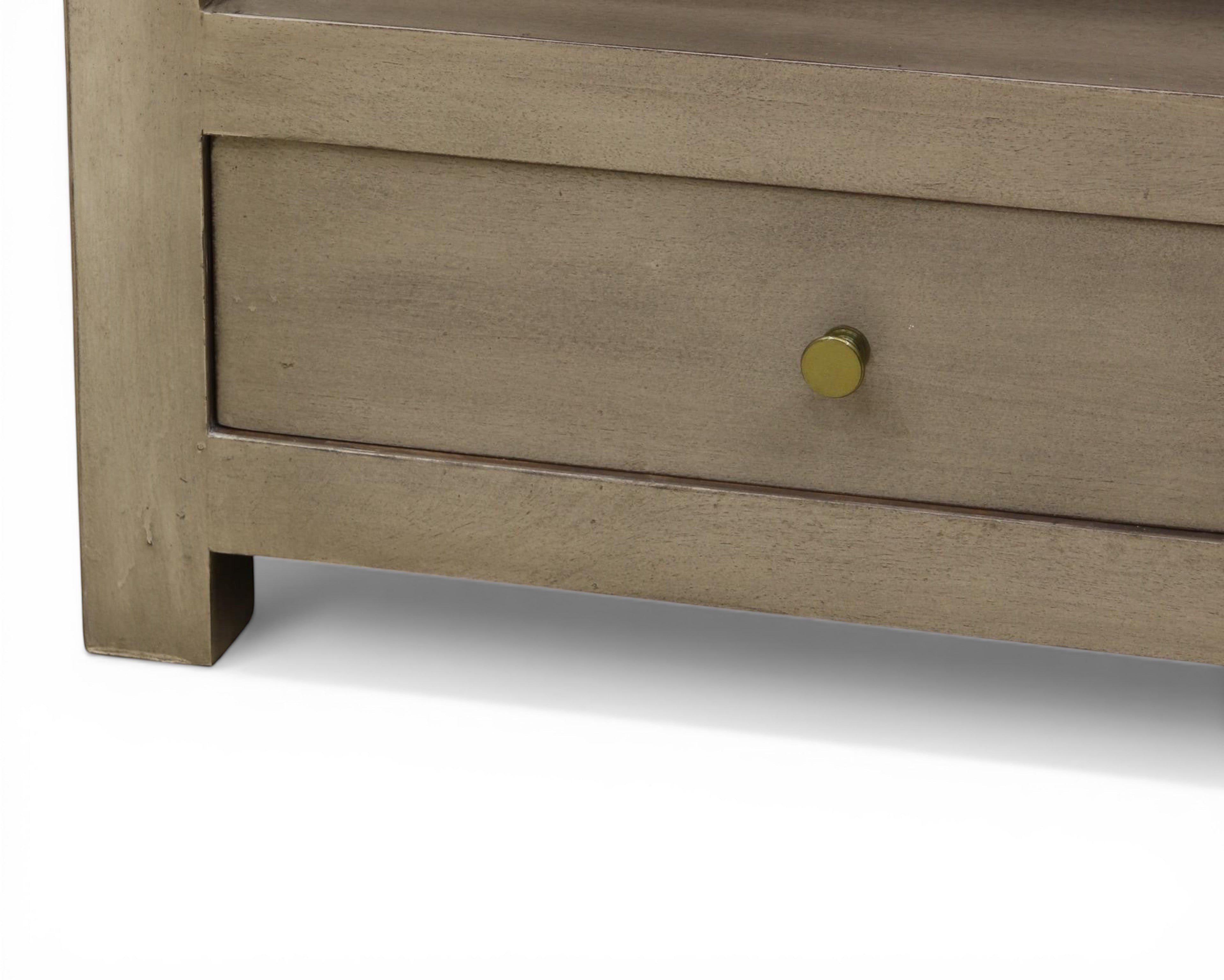 Nakoda Homes grey wash wood coffee table with brass knob drawer and open shelf