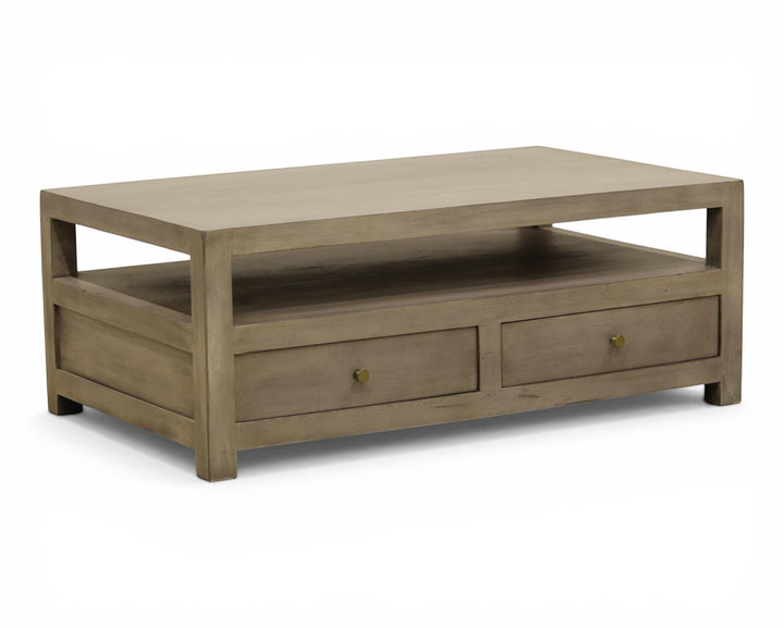 Nakoda Homes grey wash wood coffee table with open shelf and two brass knob drawers for modern living room storage.