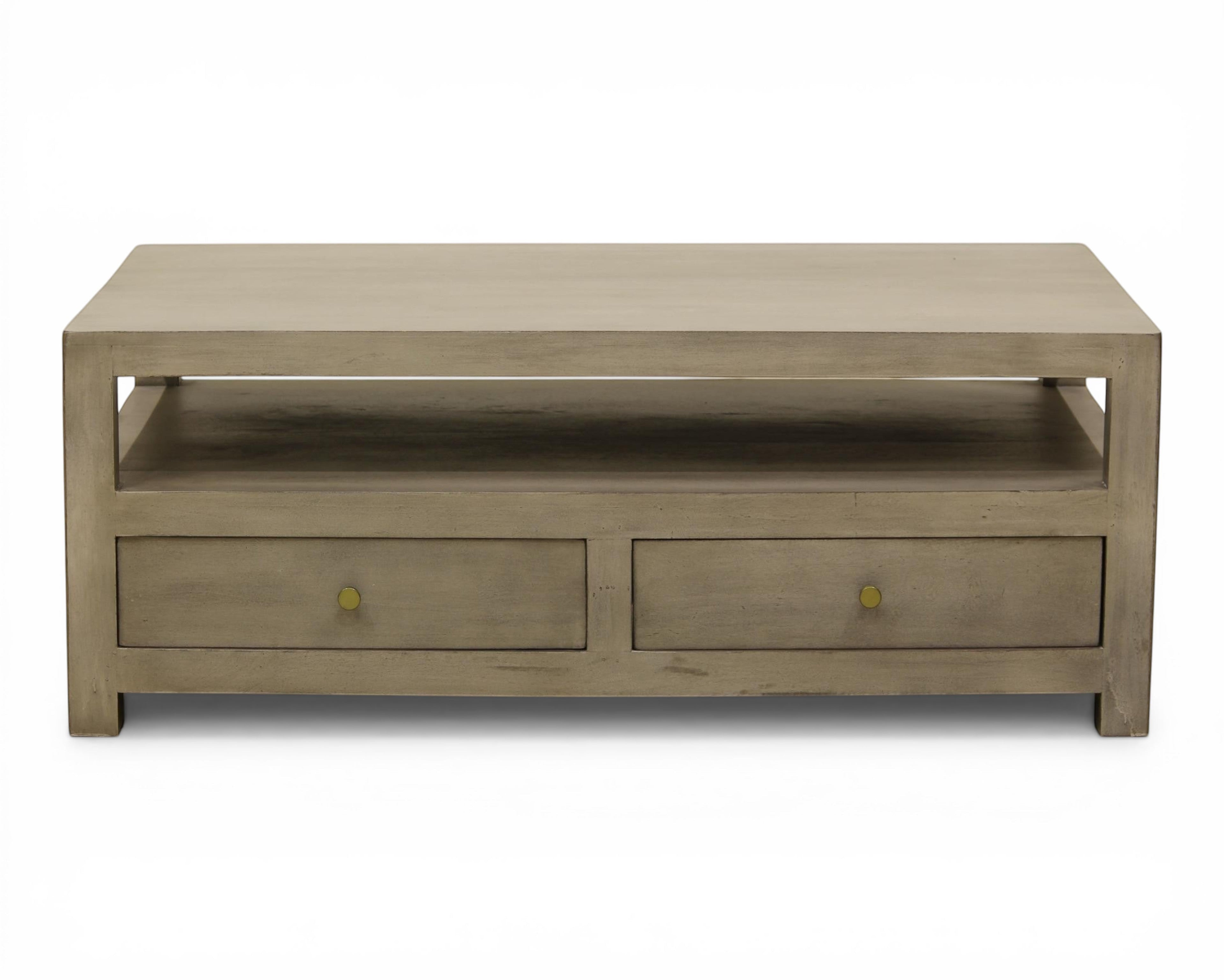 Nakoda Homes grey wash wood coffee table with open shelf and two brass knob drawers.