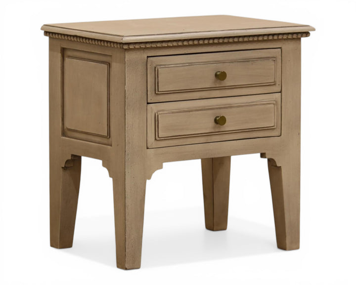 Nakoda Homes distressed grey wood two-drawer accent table with brass knobs and beaded trim.