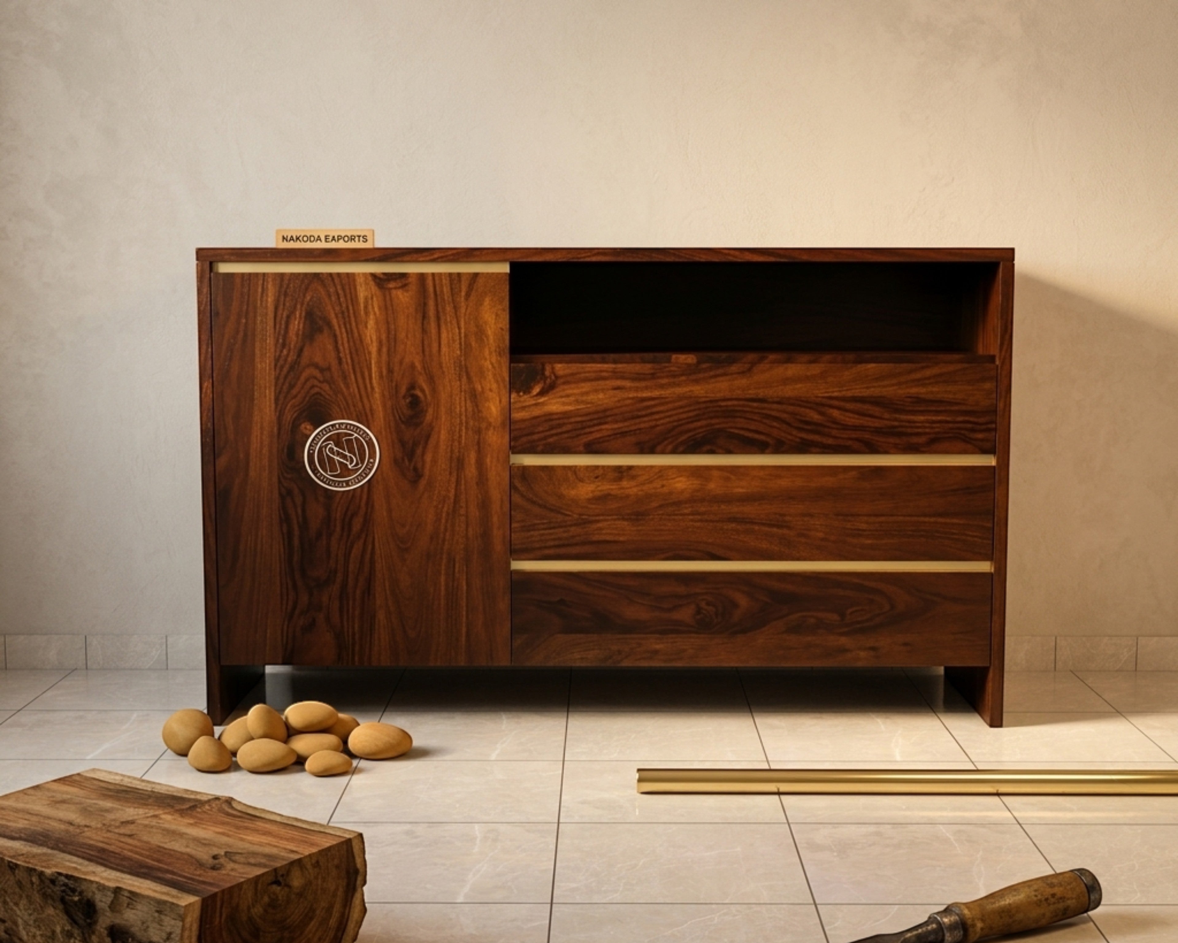 Nakoda Homes Maglory dark finish wood chest of drawers with brass accents and open shelving.