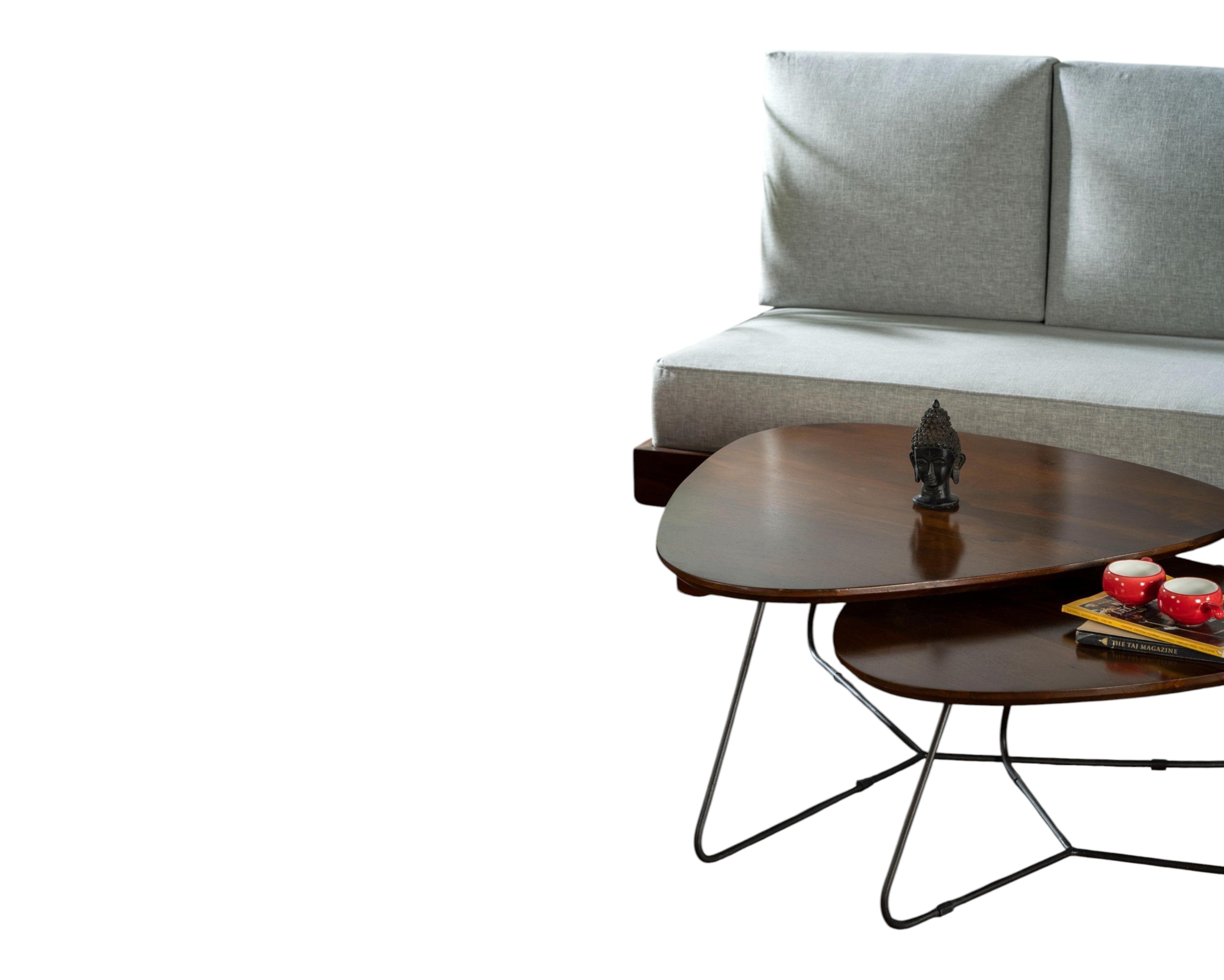 Nakoda Homes modern light grey upholstered sofa with a rich-toned wooden frame, paired with a nesting coffee table.
