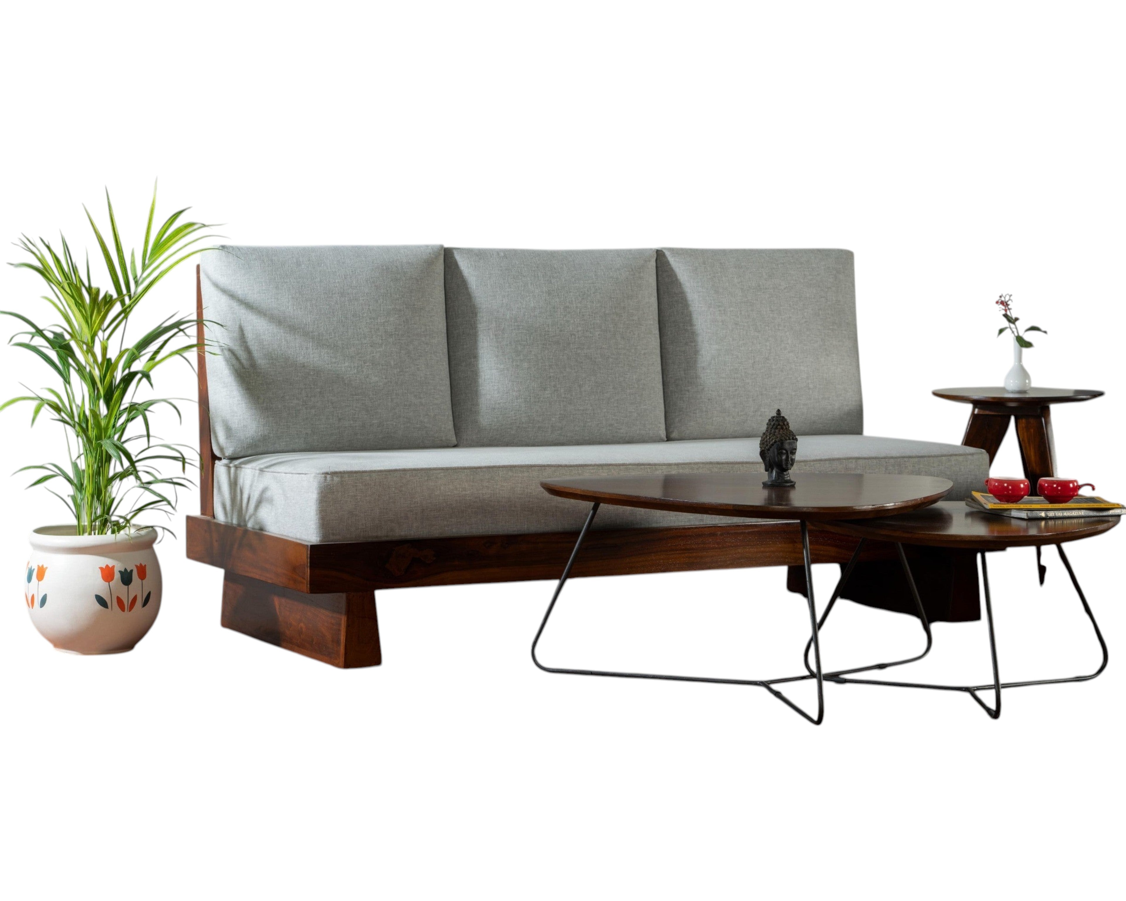 Nakoda Homes modern three-seater sofa with light grey upholstered cushions and a rich-toned wooden frame.