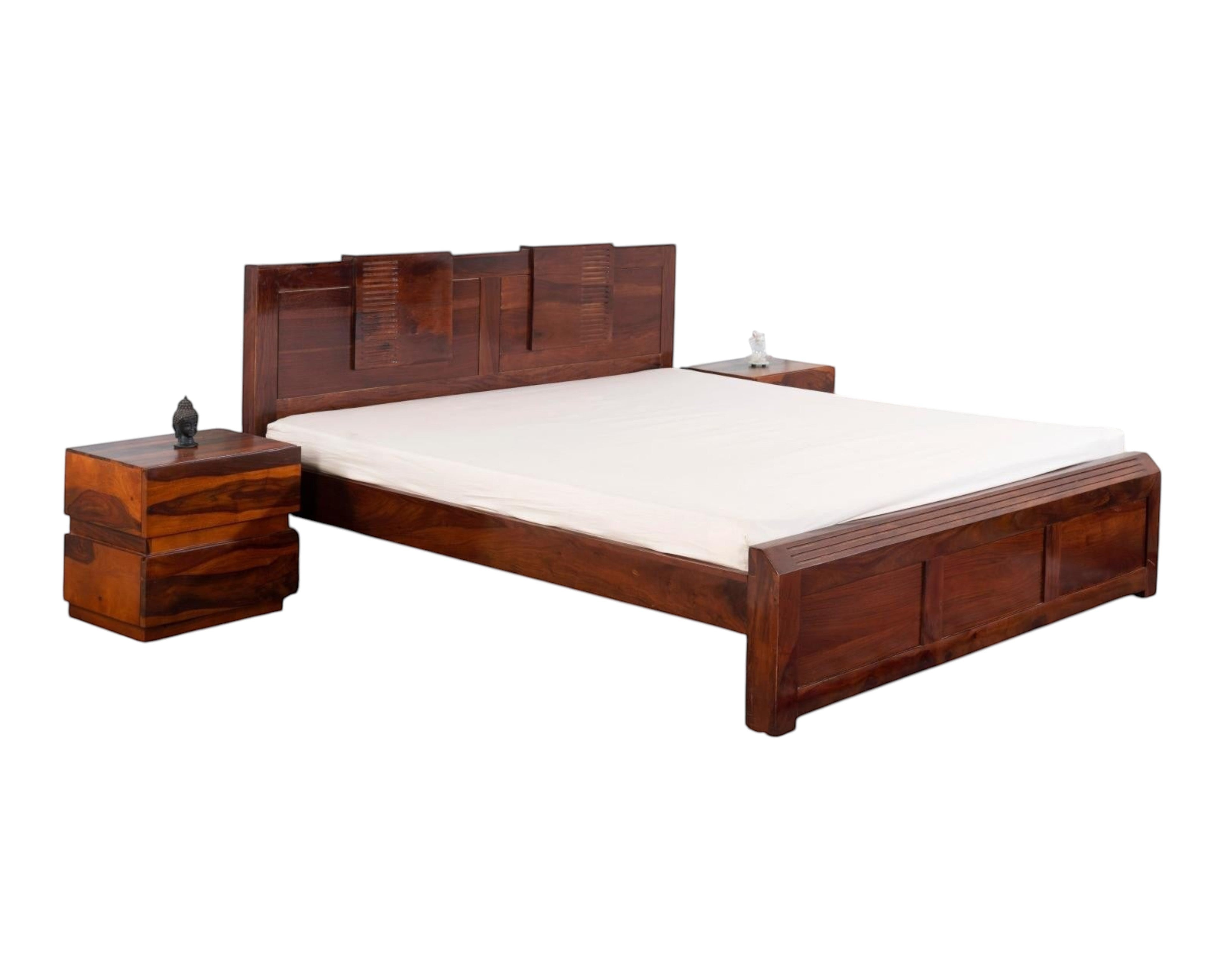 Nakoda Homes modern solid wood platform bed frame with stepped, grooved headboard in warm brown finish.