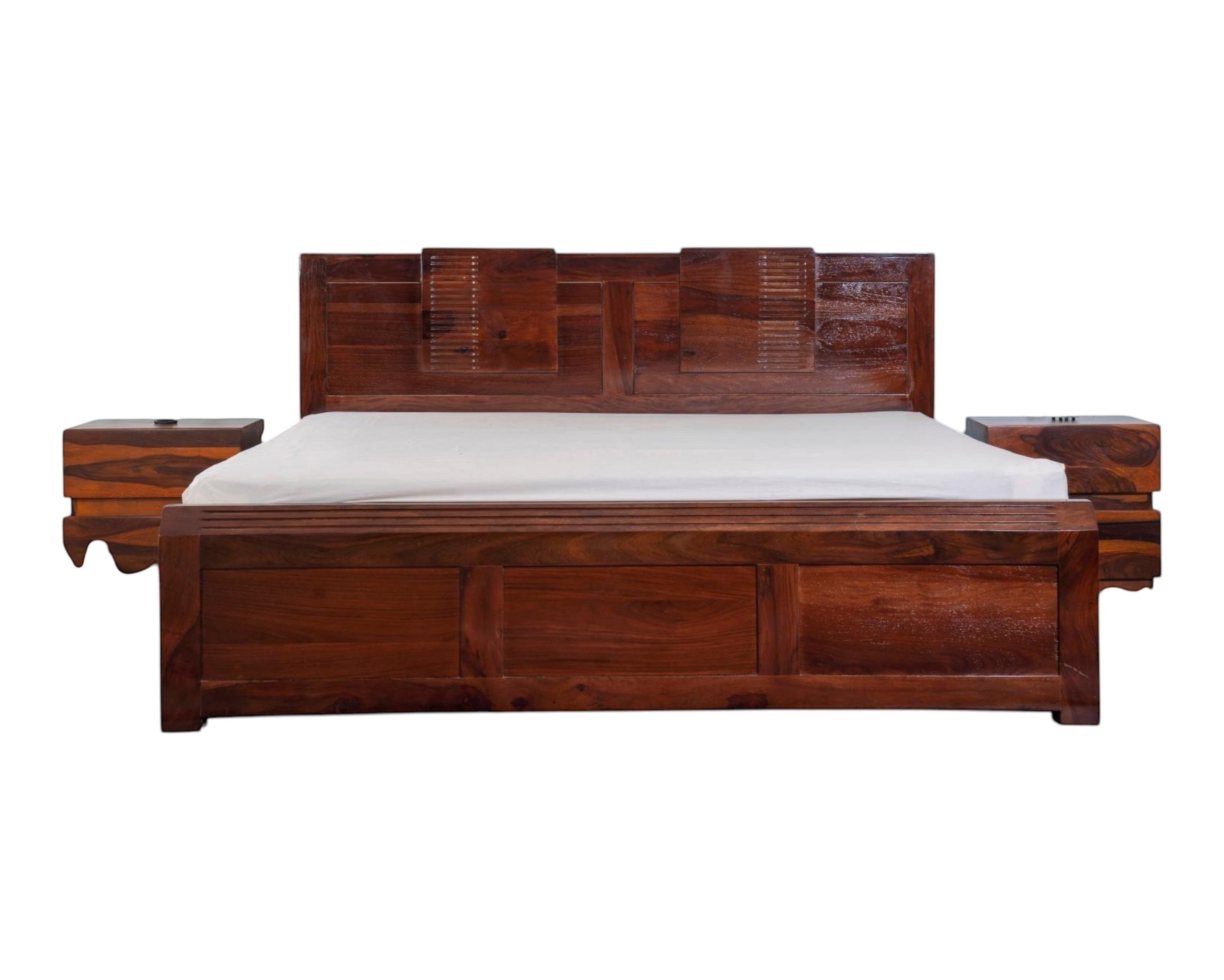 Nakoda Homes modern solid wood bed frame with stepped headboard and grooved detailing in a warm wood finish.