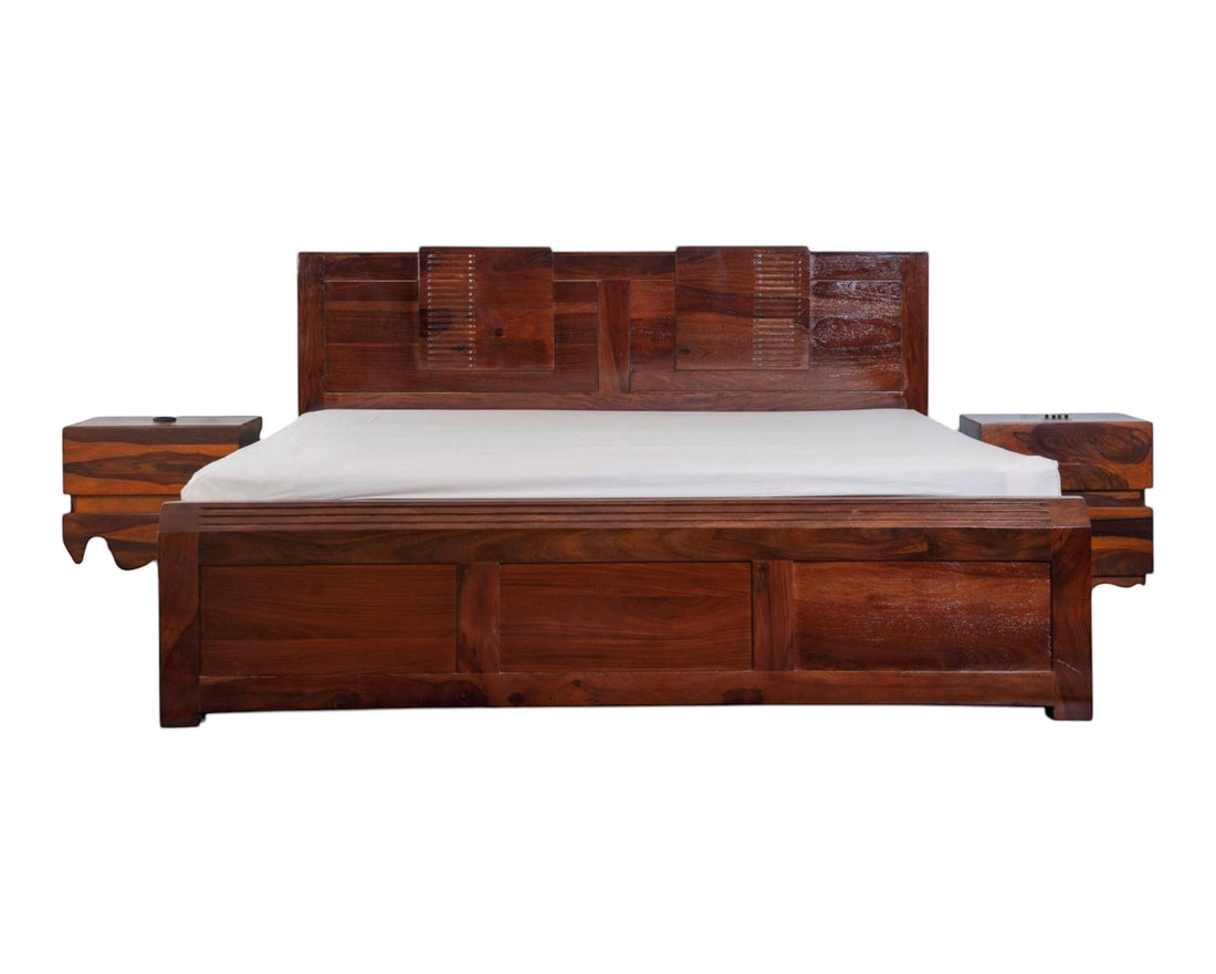 Nakoda Homes modern solid wood bed frame with stepped headboard and grooved detailing in a warm wood finish.