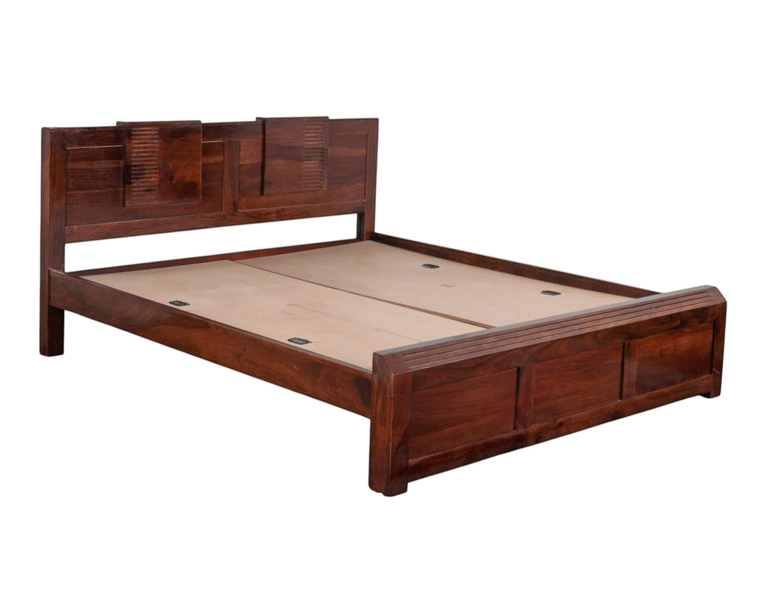Nakoda Homes solid wood platform bed frame in warm brown with stepped, grooved headboard and low profile footboard.