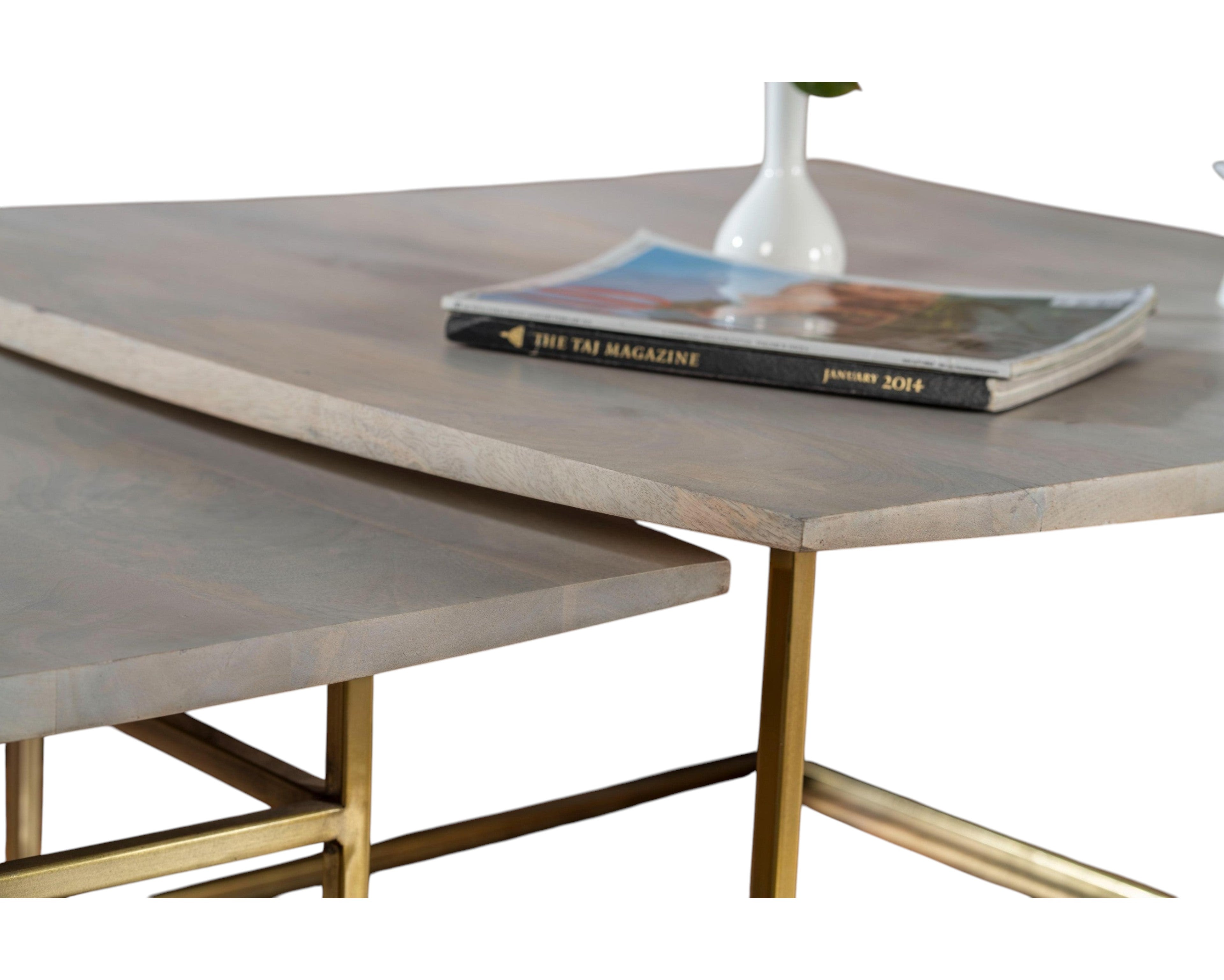 Nakoda Homes modern nested coffee tables, light grey wood tops with gold metal legs. Magazine on top table.