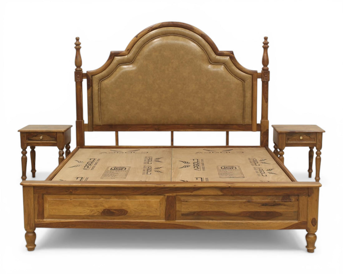 Nakoda Homes ornate wooden bed frame with padded tan headboard and storage drawers. Classic traditional design.