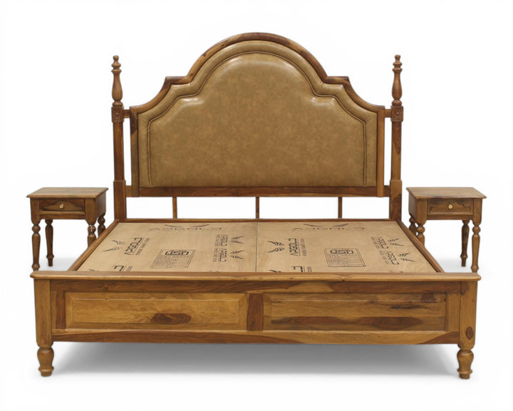 Nakoda Homes ornate wooden bed frame with padded tan headboard and storage drawers. Classic traditional design.