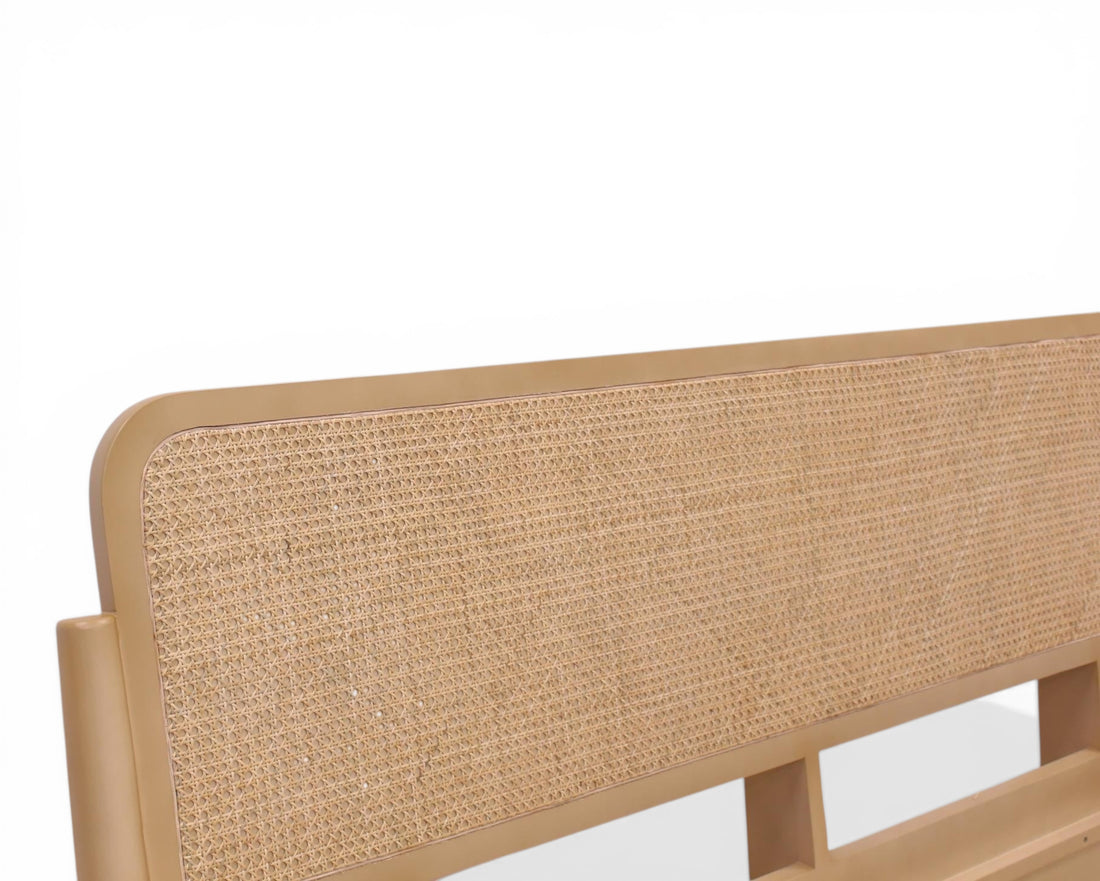 Nakoda Homes natural rattan headboard bed frame with wooden surround, beige.