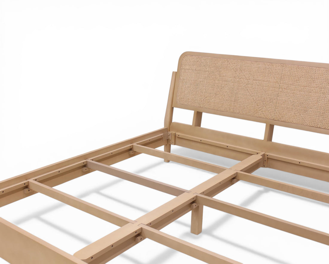 Nakoda Homes natural rattan headboard bed frame with wooden construction and minimalist design.