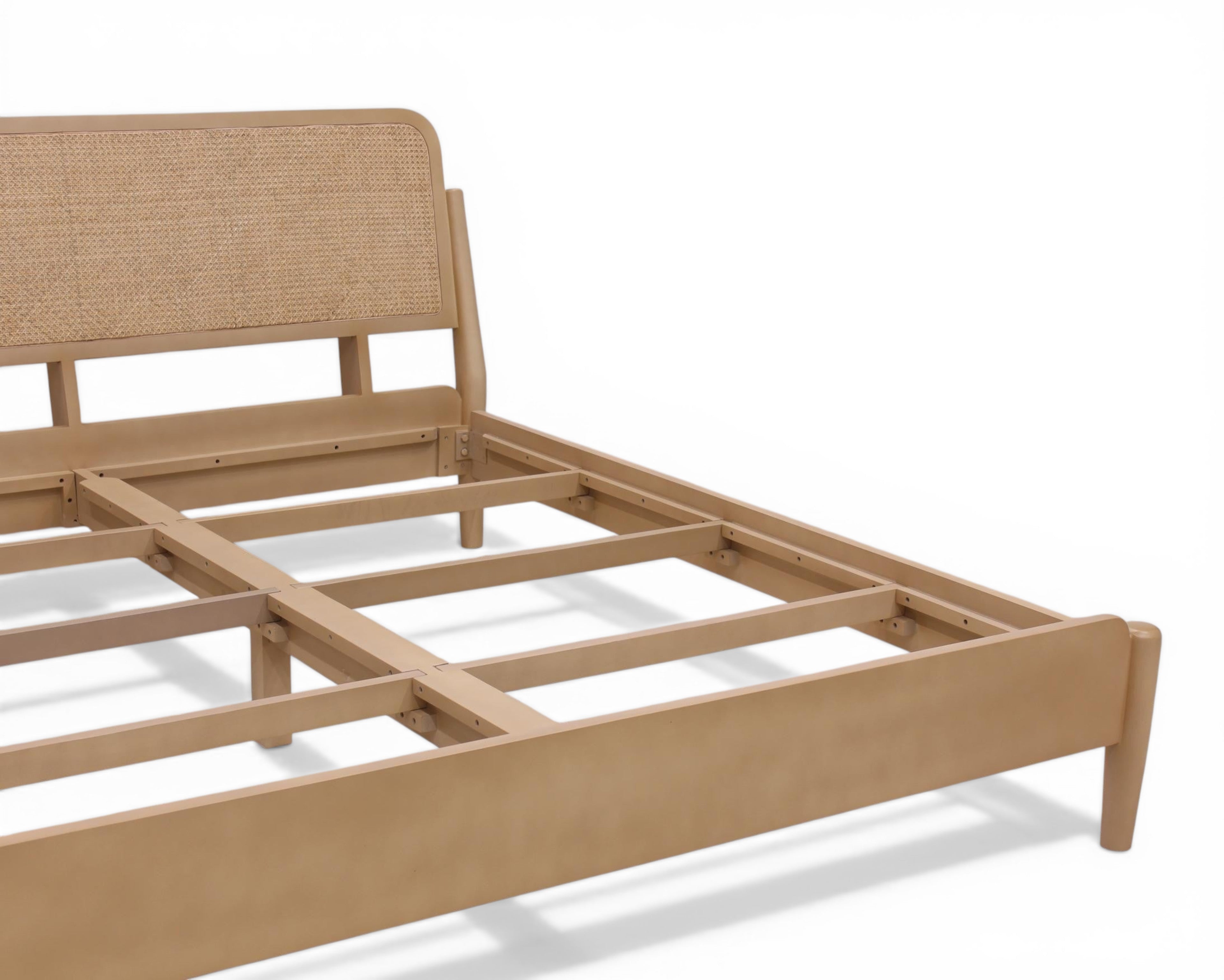 Nakoda Homes natural rattan headboard bed frame with wooden construction and minimalist design.