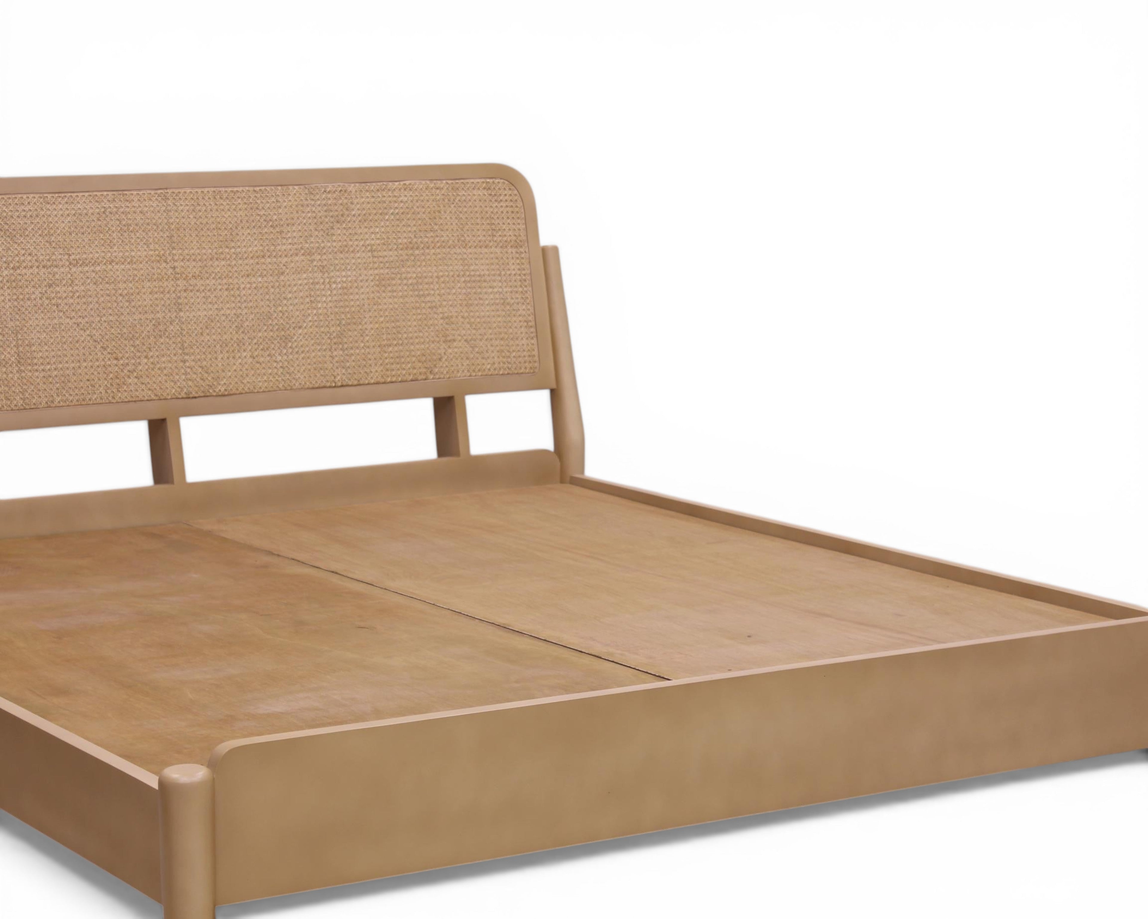 Nakoda Homes natural rattan headboard bed frame with a light wood finish. Minimalist design.