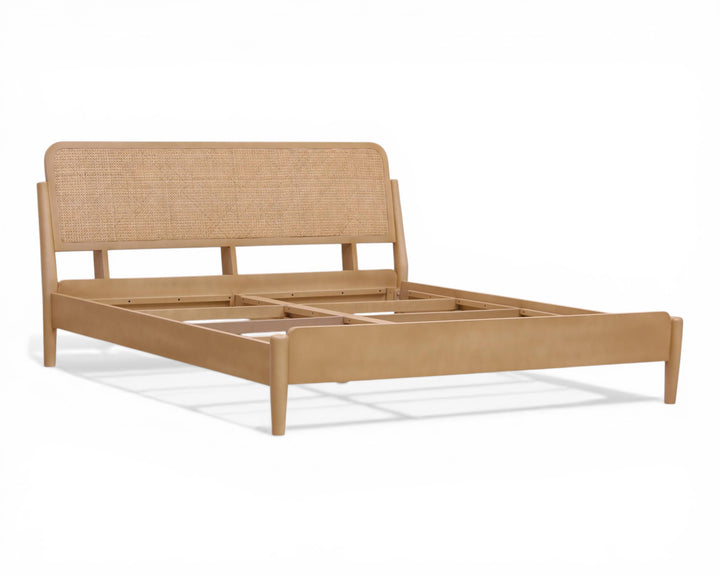 Nakoda Homes natural rattan headboard bed frame in light wood with minimalist design.