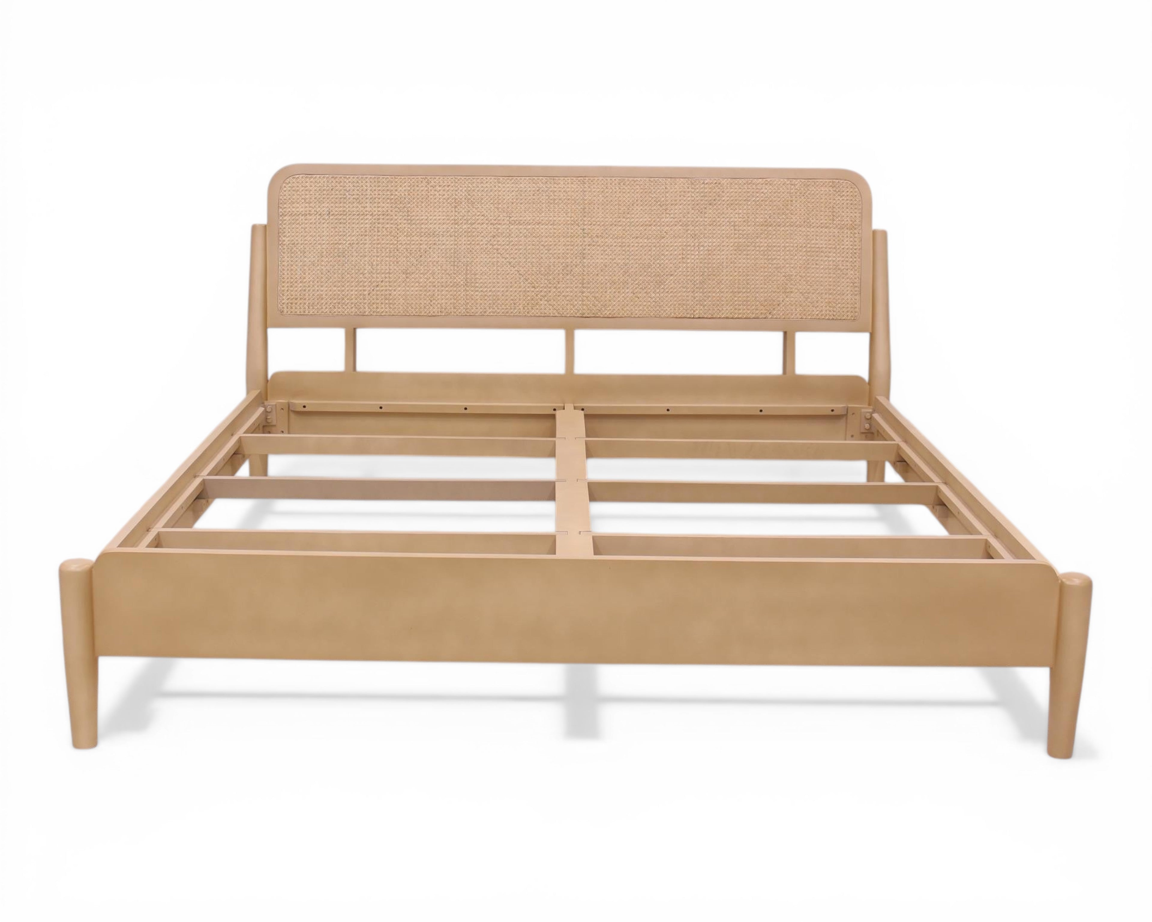 Nakoda Homes natural rattan headboard bed frame in light wood with minimalist design. Offers organic warmth and modern elegance.